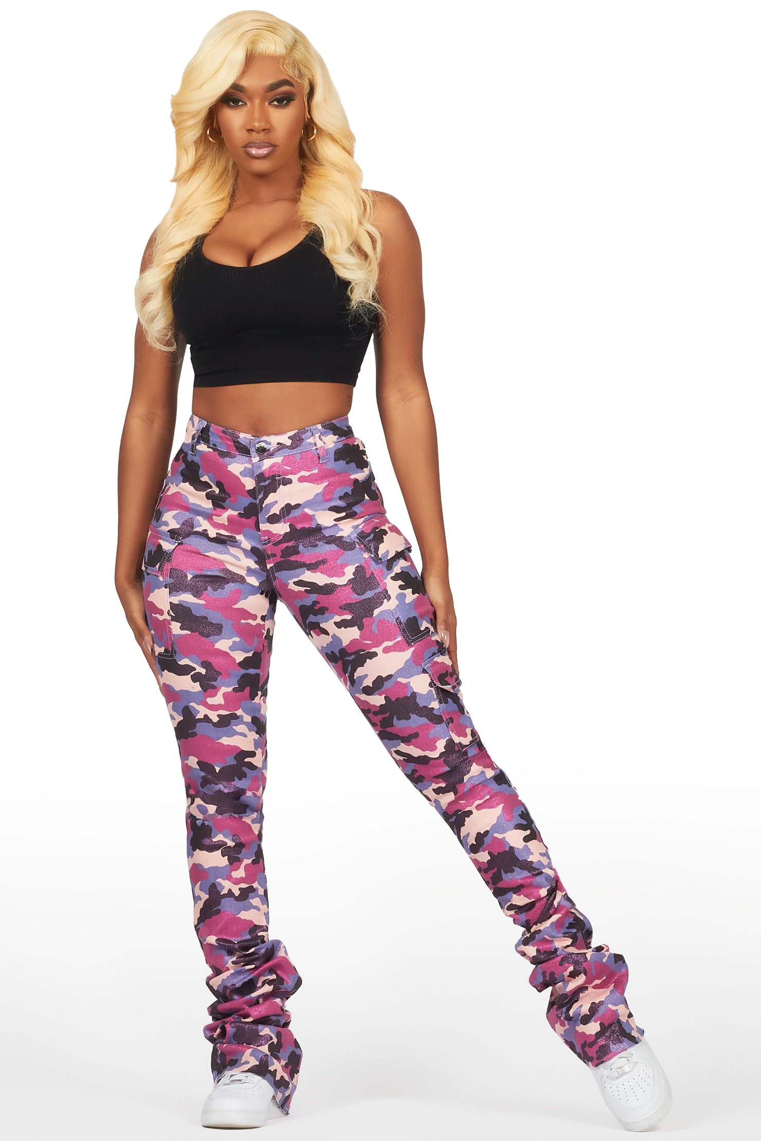 Alaysha Purple Camo Cargo Super Stacked PU Pant