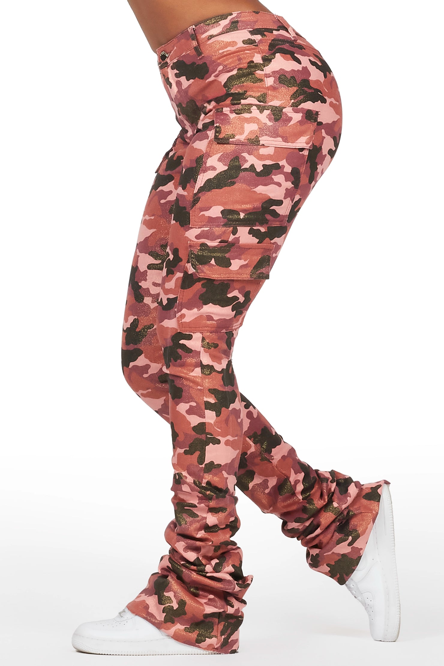 Alaysha Burgundy Camo Cargo Super Stacked PU Pant