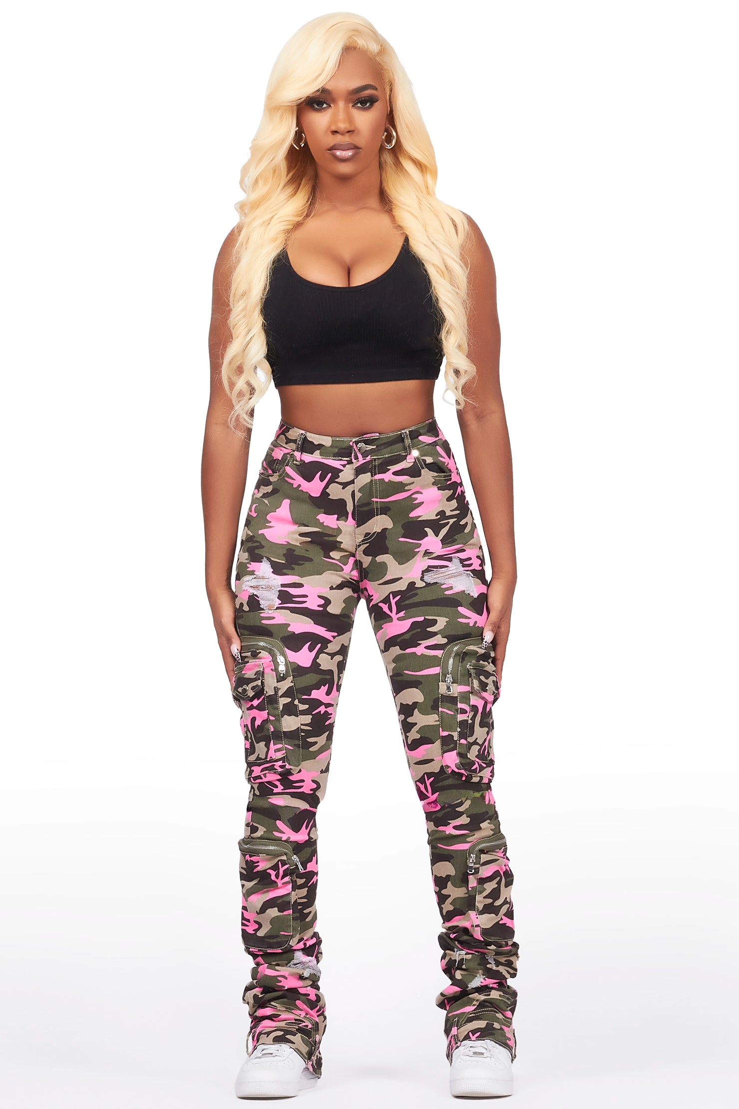 Alisson Green/Pink Camo Cargo Super Stacked Jean