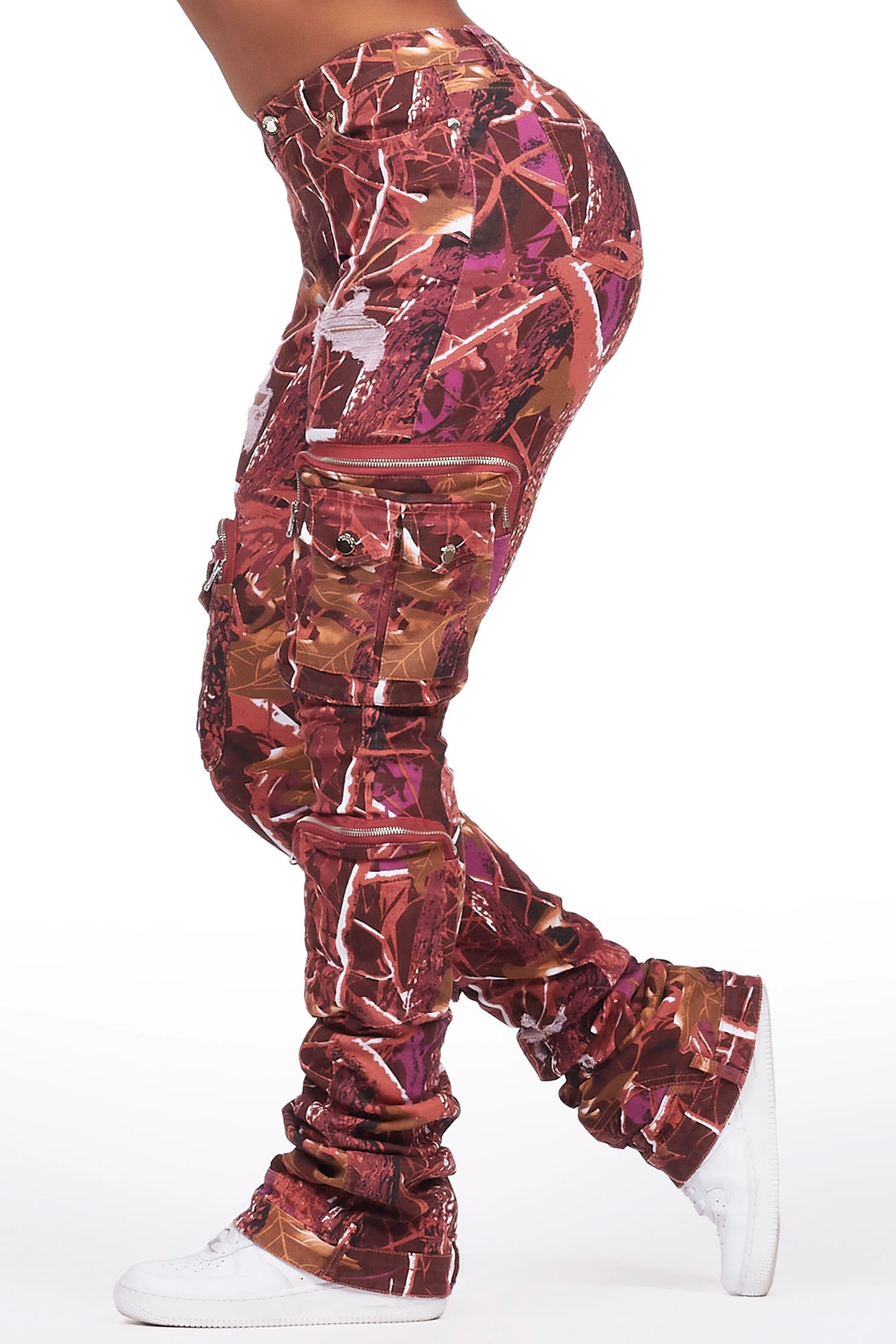 Alisson Burgundy Tree Camo Cargo Super Stacked Jean