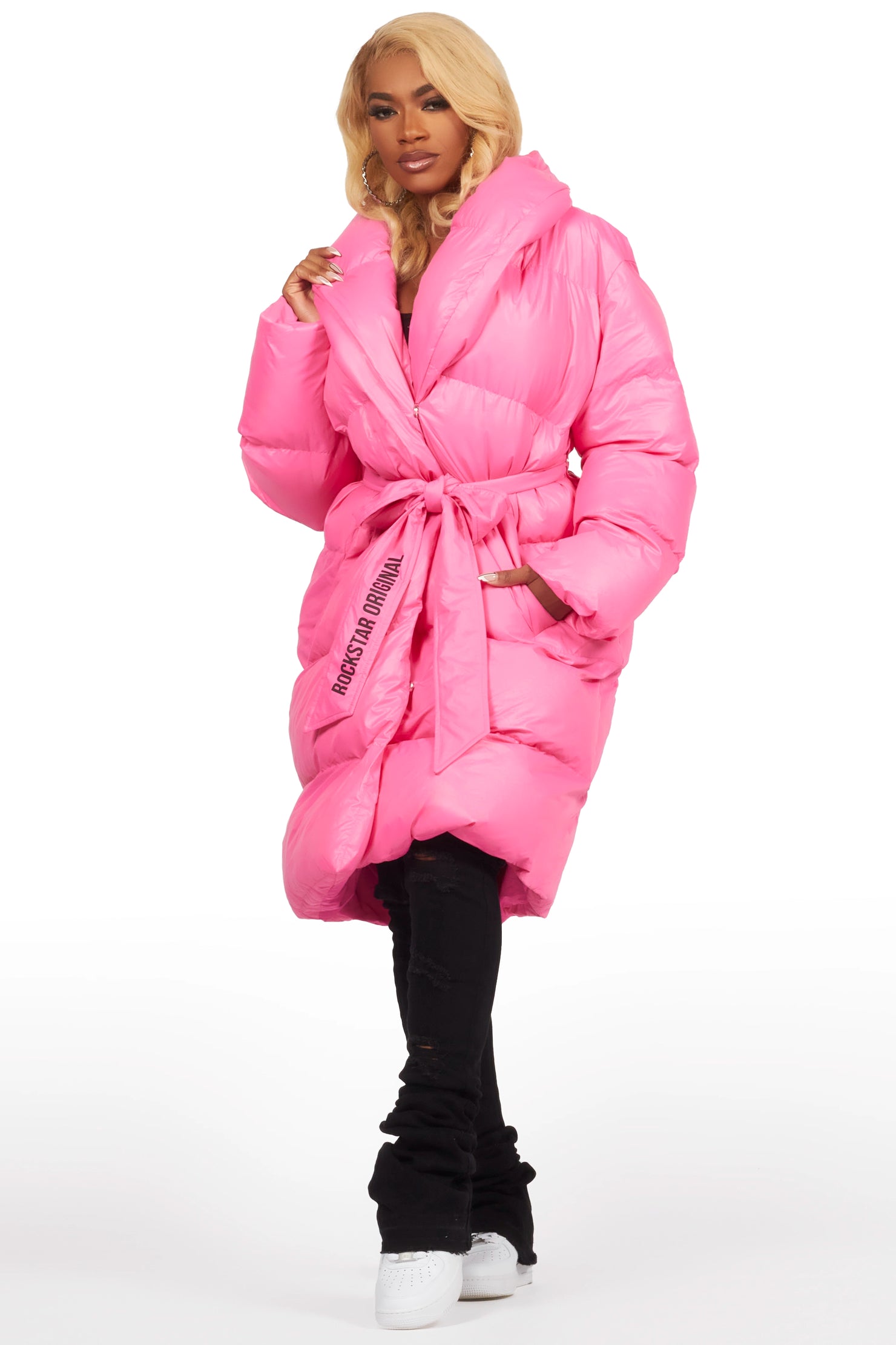 Sehrazat Hot Pink Long Wrap Puffer Jacket