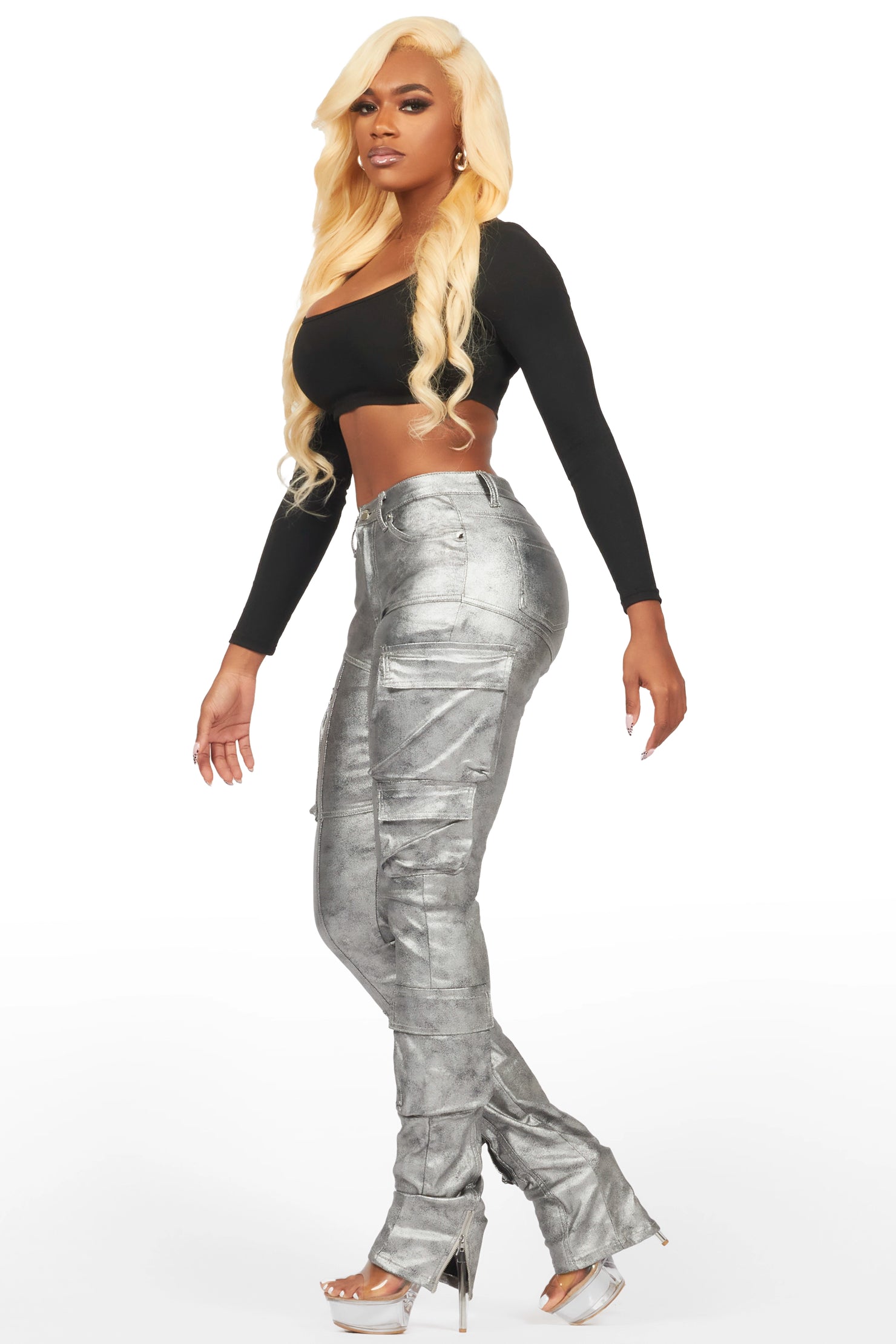 Teeoina Silver Coated Black Skinny Stacked PU Pant