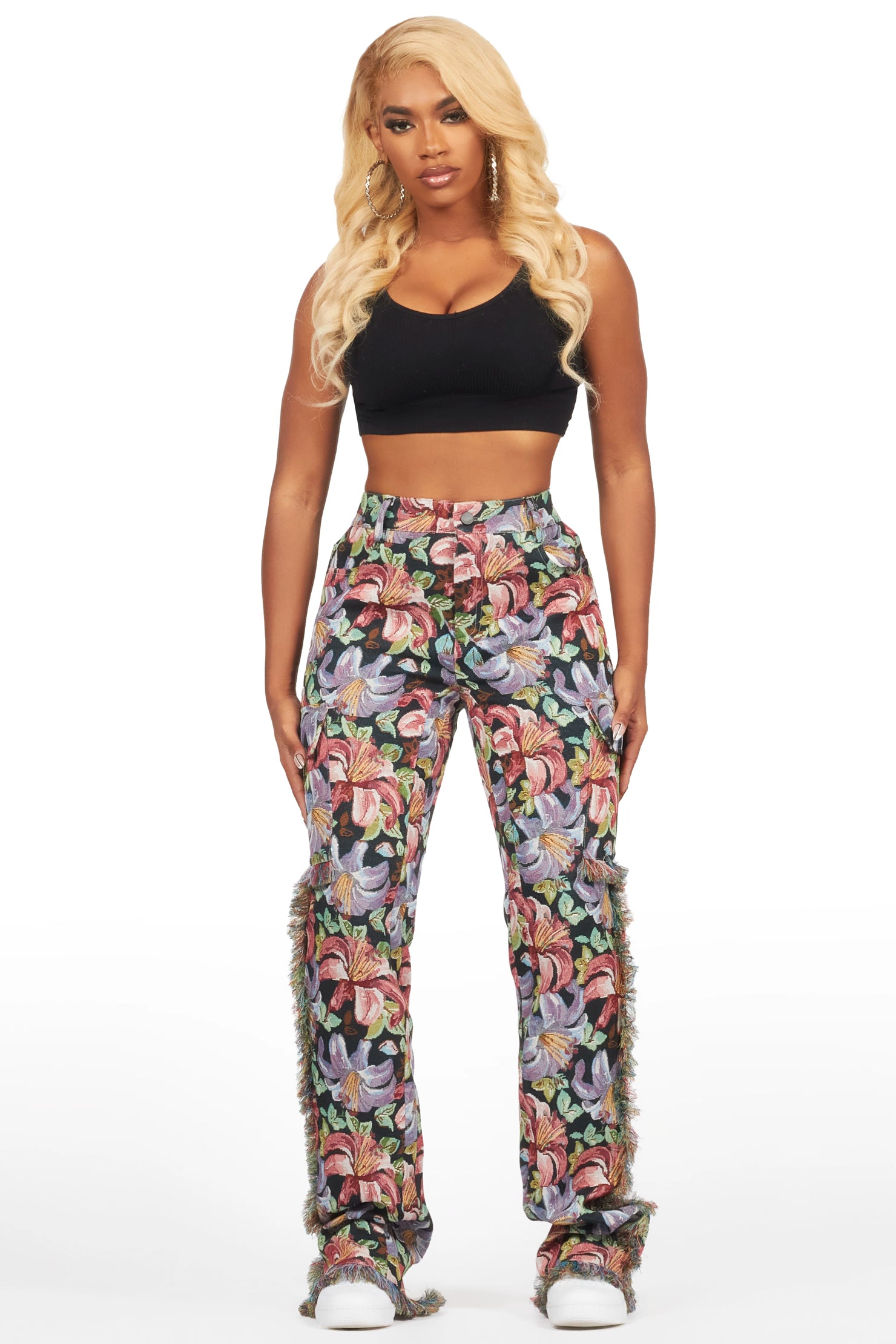 Tykima Black Floral Cargo Tapestry Stacked Pant