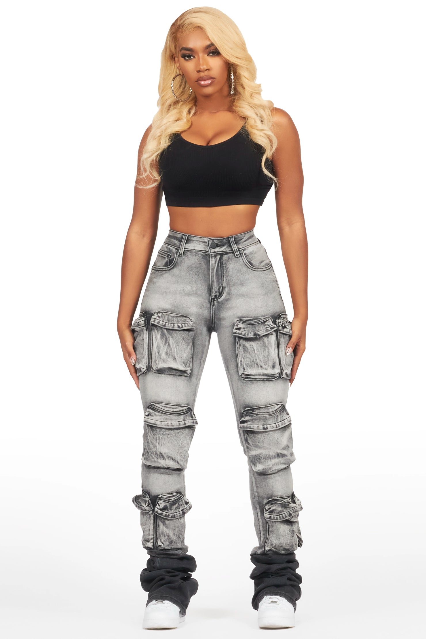 Alliyah Grey Wash Cargo Super Stacked Jean