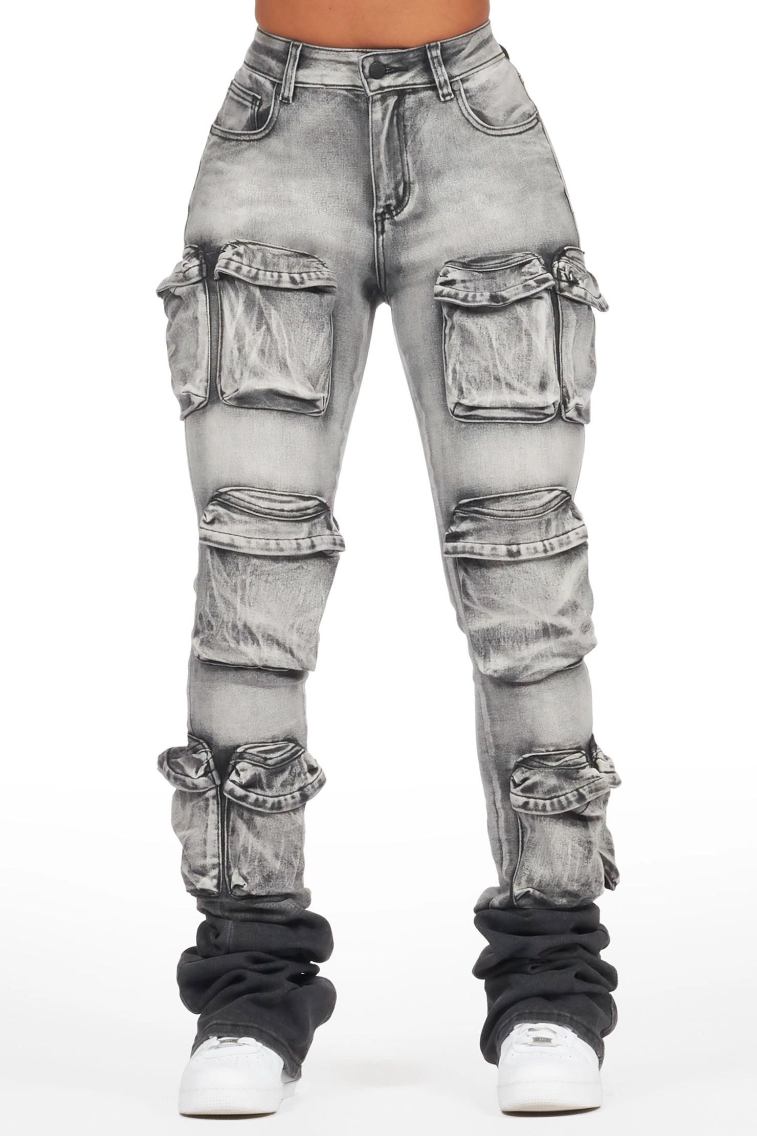 Alliyah Grey Wash Cargo Super Stacked Jean