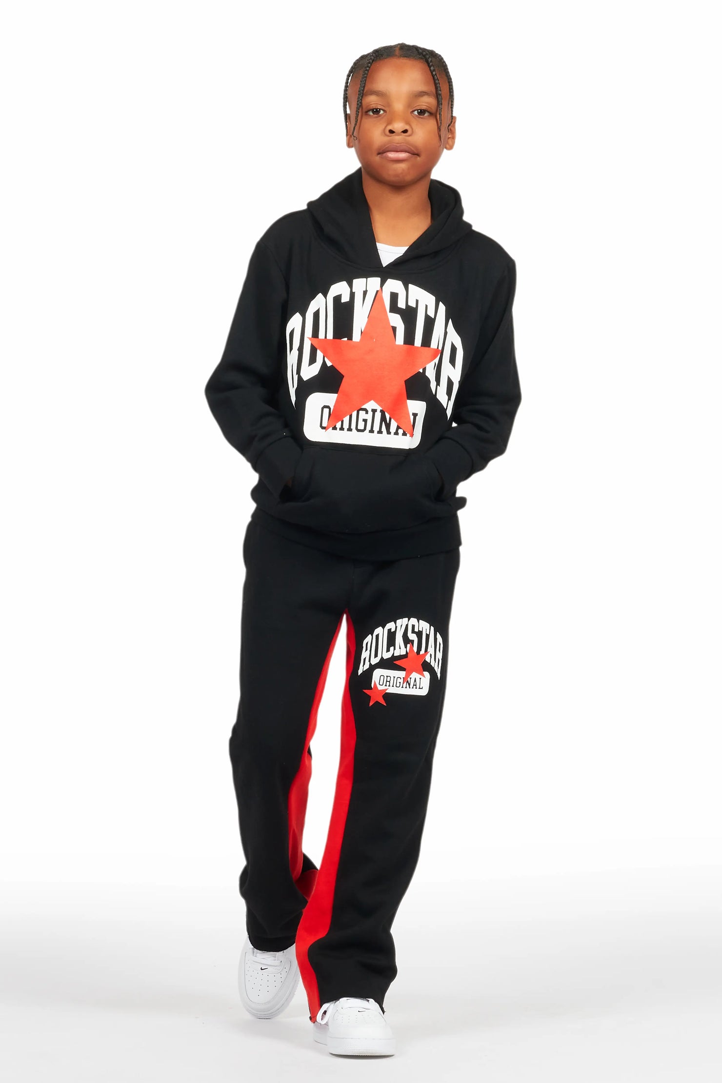 Boys Mallor Black/Red Baggy Stacked Hoodie Track Set