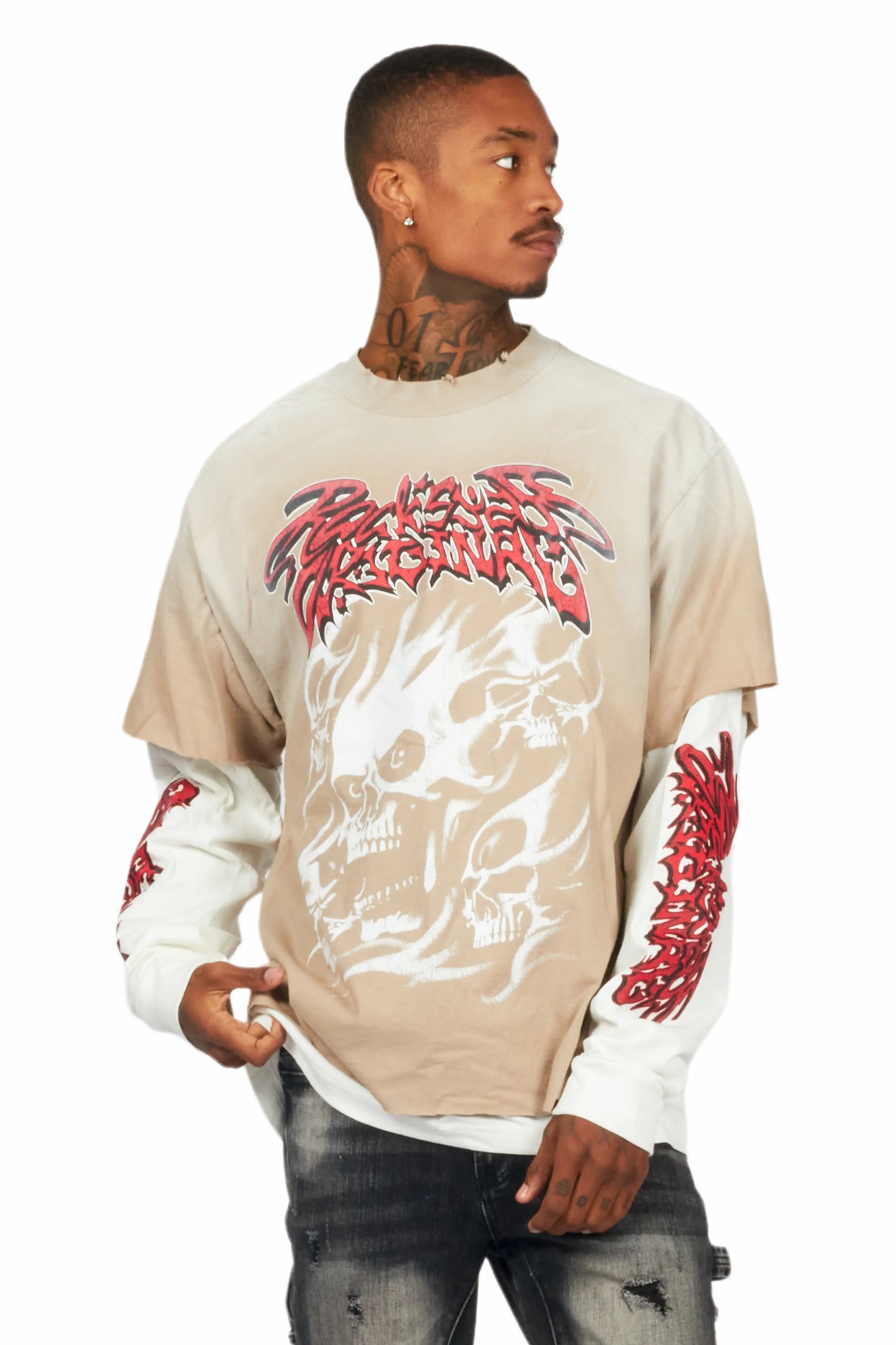 Schtupp Beige/White Double Layer Long Sleeve Graphic T-Shirt