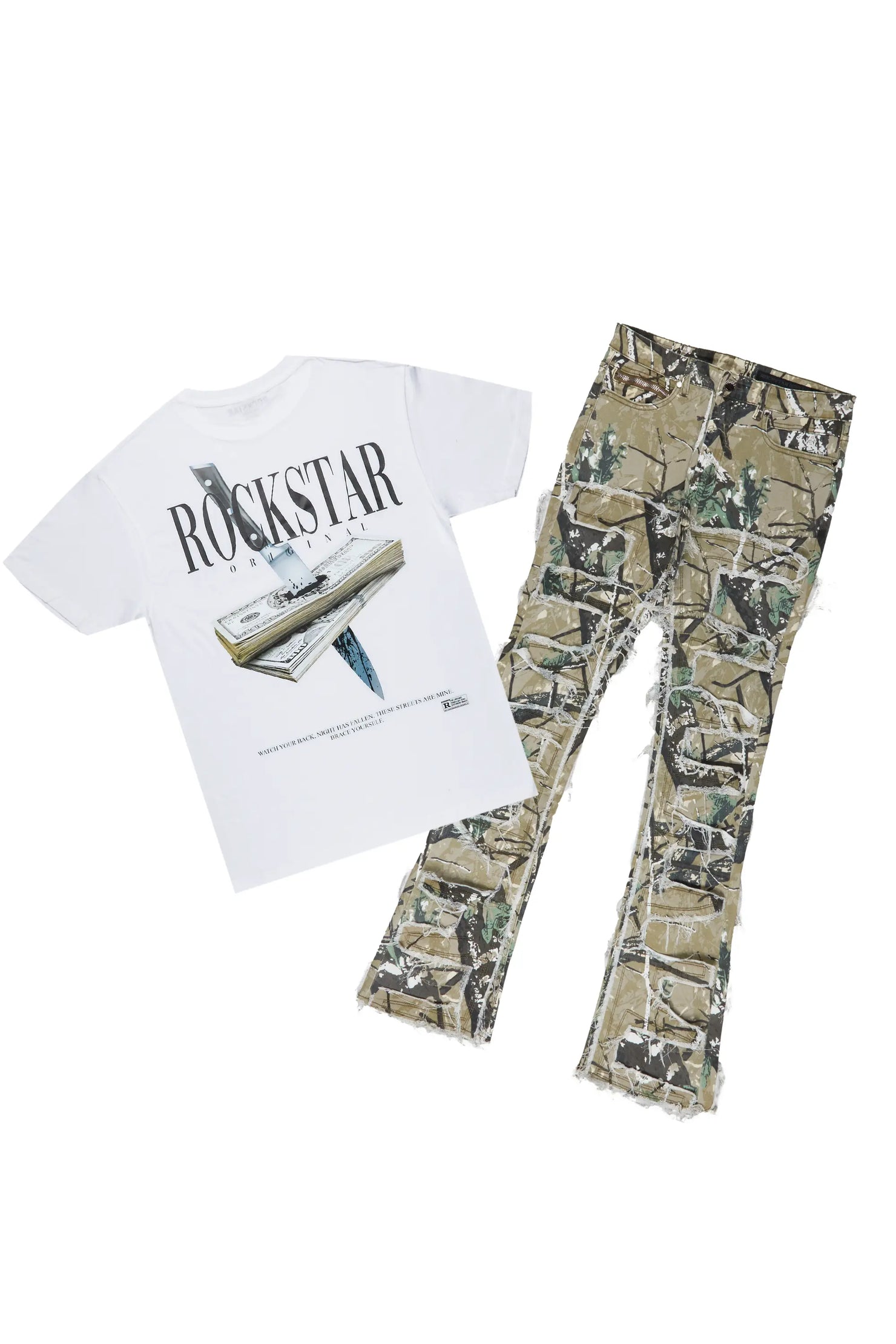 Dayte Nite White T-Shirt & Shake Tree Camo Stacked Flare Jean