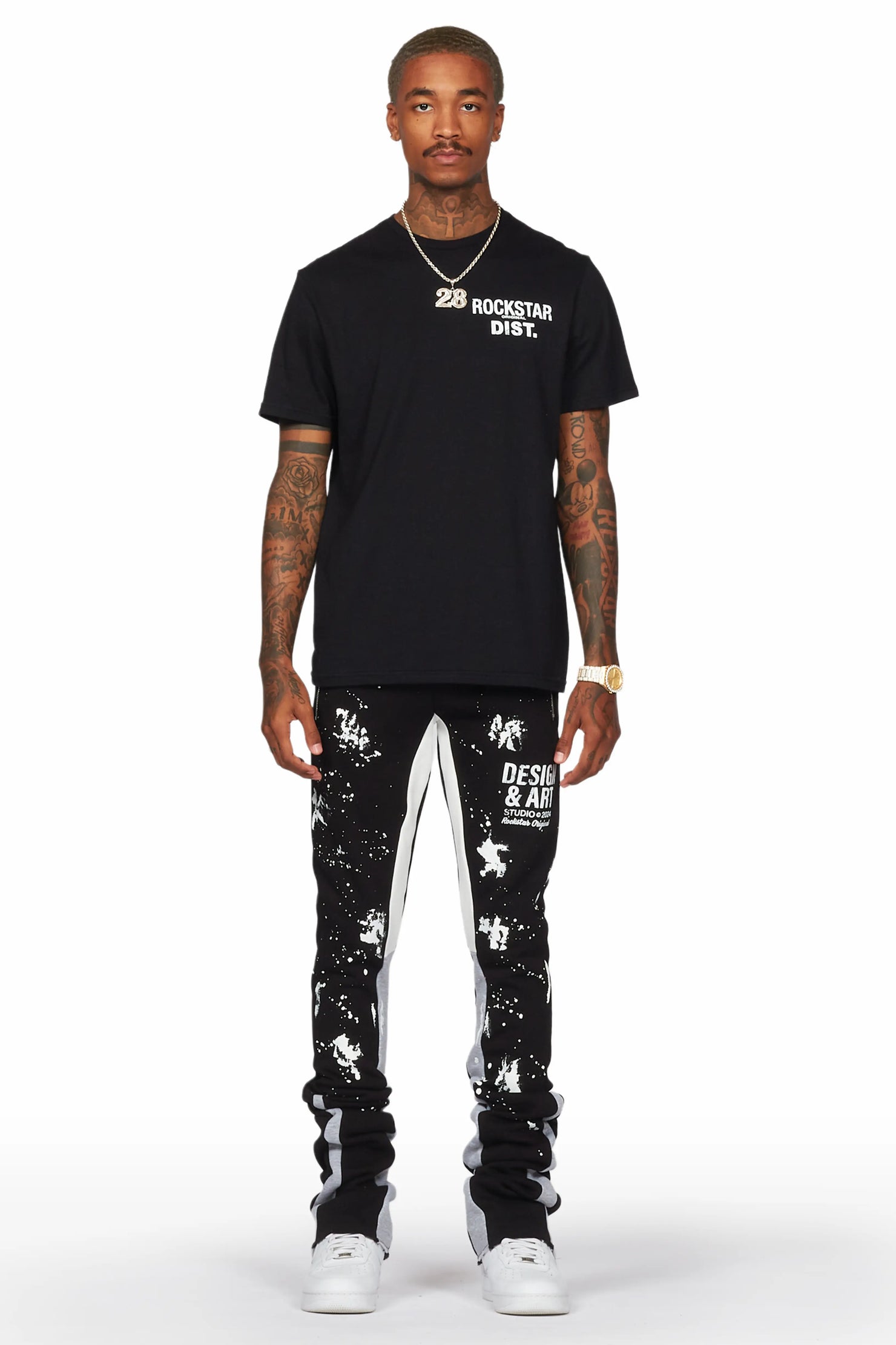 Damone Black Super Stacked Flare Track Pant