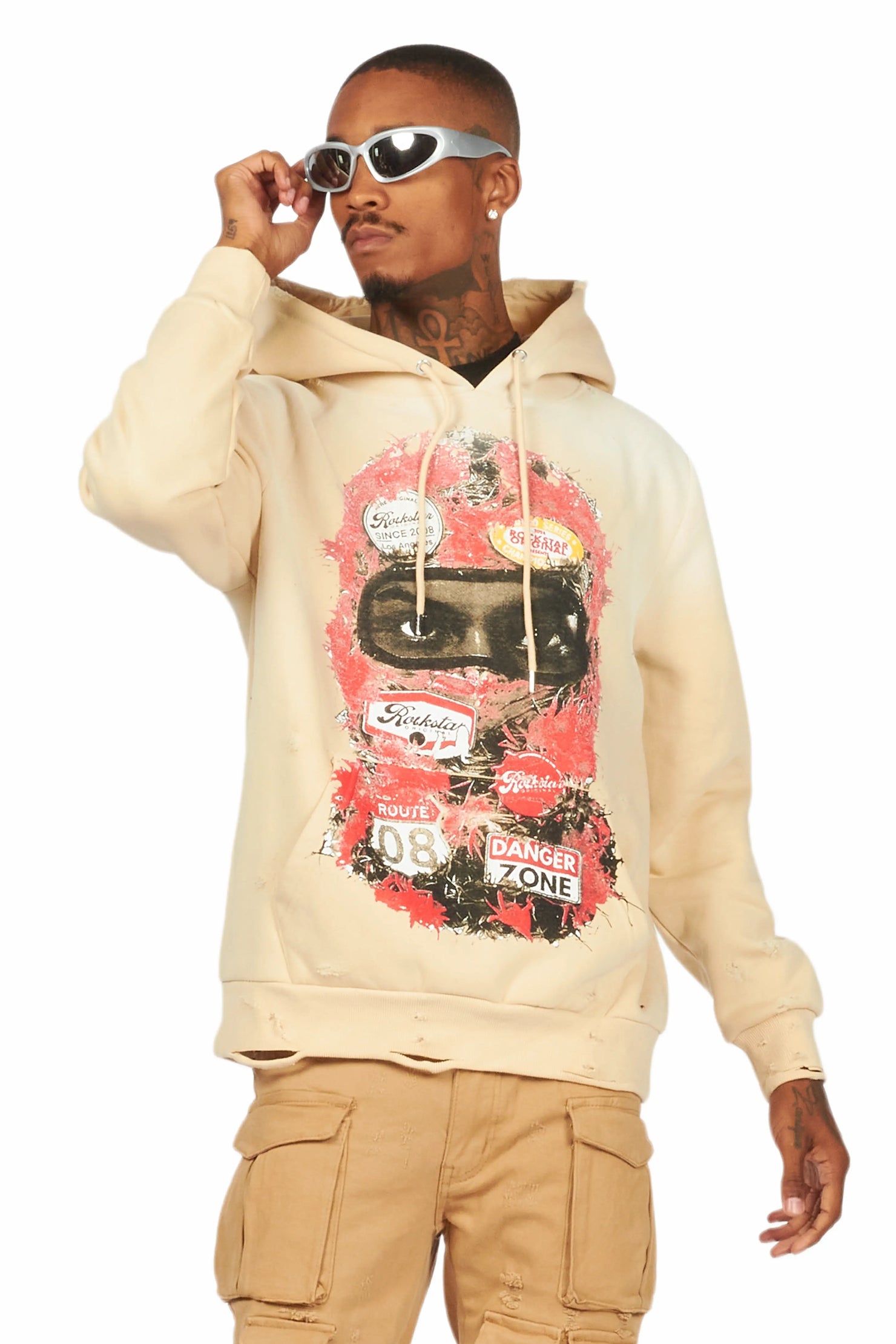 Lemar Beige Distressed Graphic Hoodie