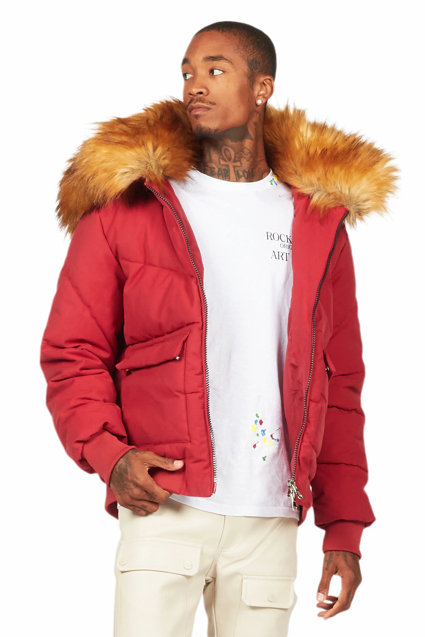 Langston Red Puffer Jacket with Fur Hood