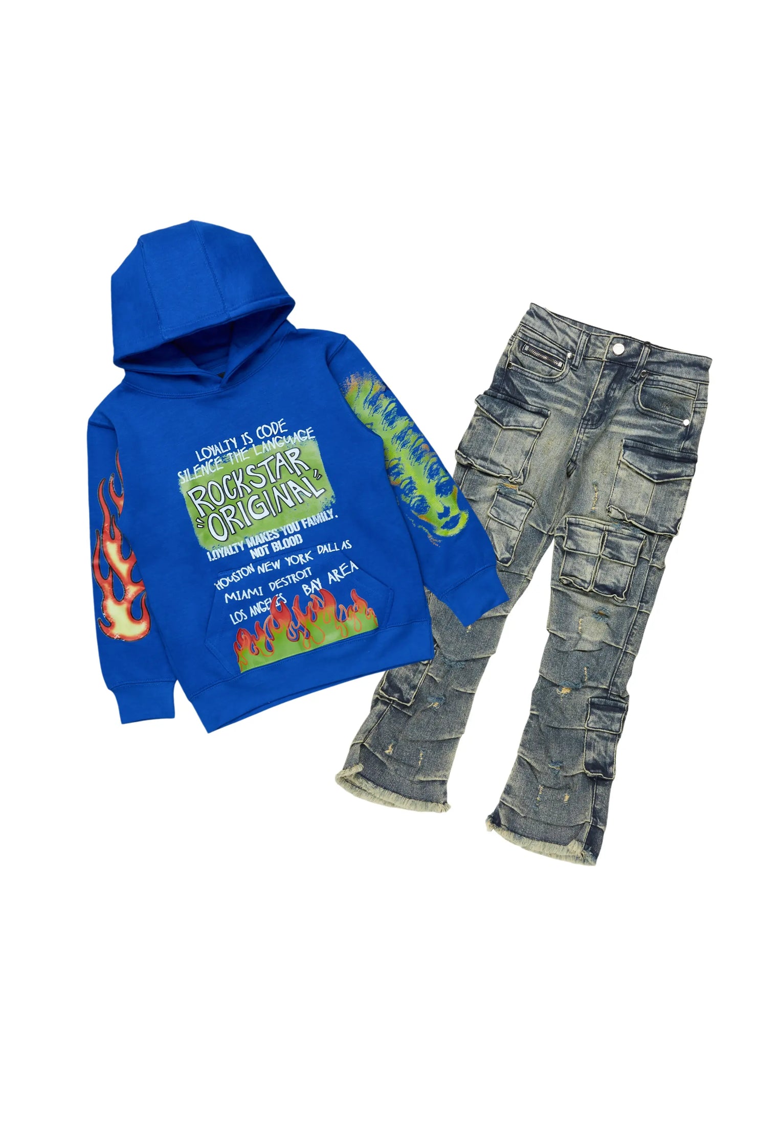 Boys Beno Royal/Tint Hoodie/Stacked Flare Jean Set