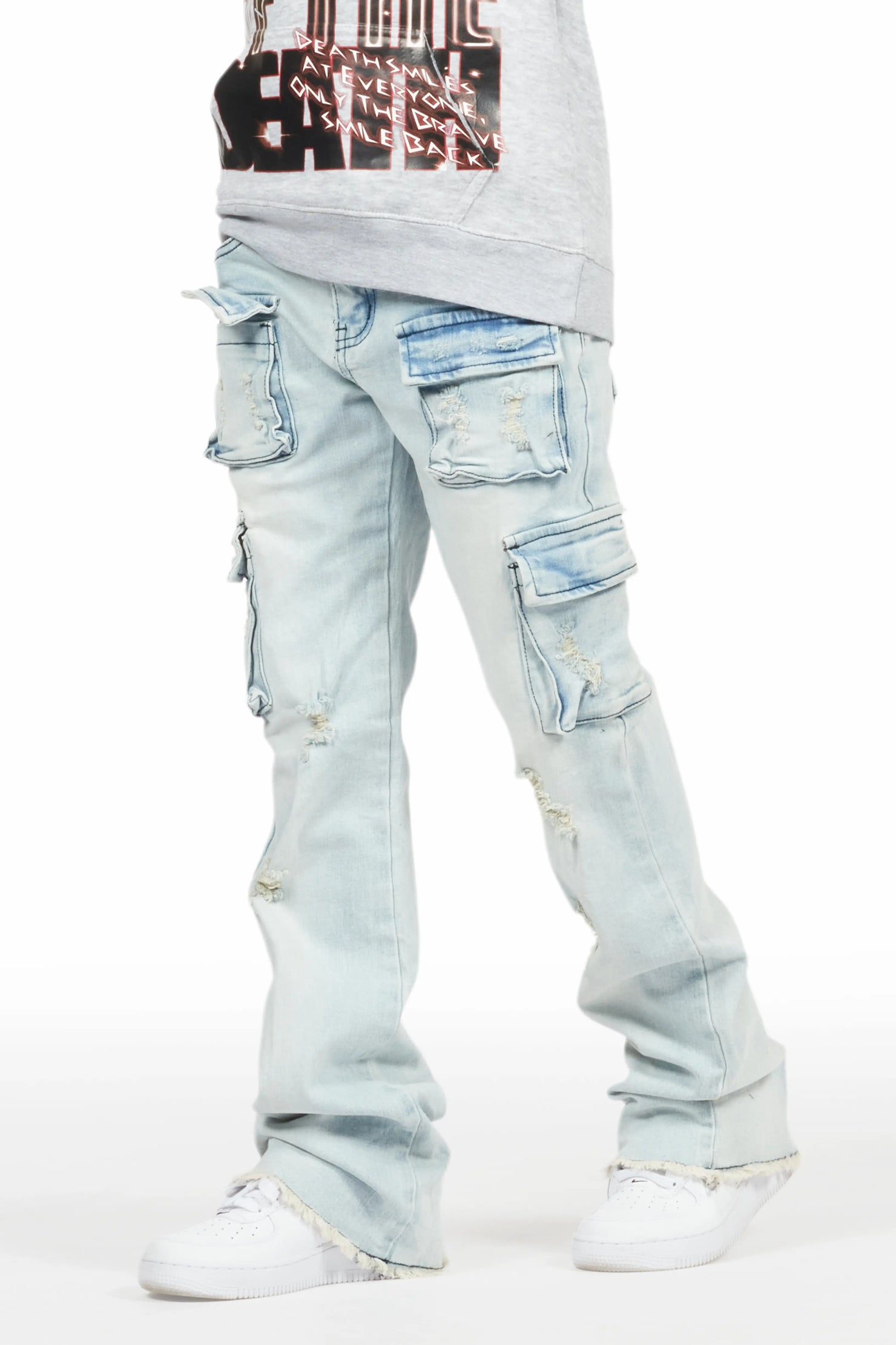 Boys Sterling Blue Fringe Stacked Flared Cargo Jean