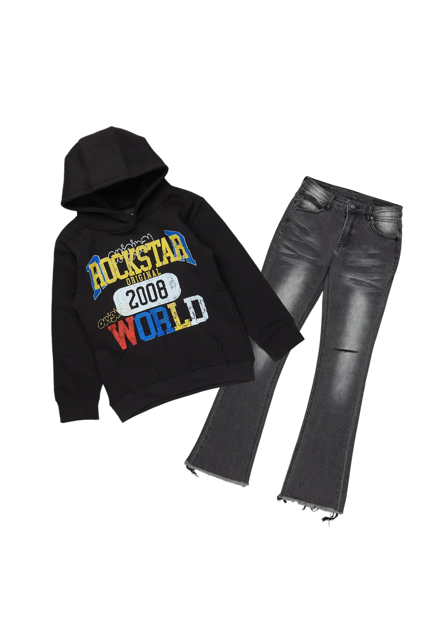 Boys Daria Black/Dark Grey Hoodie/Stacked Flare Jean Set