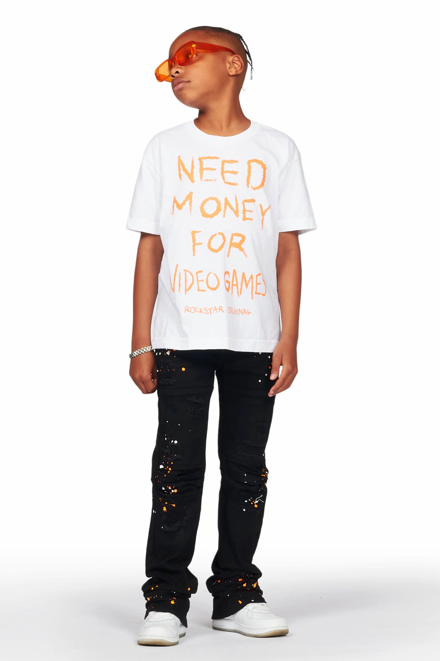 Boys Quest White T-Shirt/Stacked Flare Jean Set