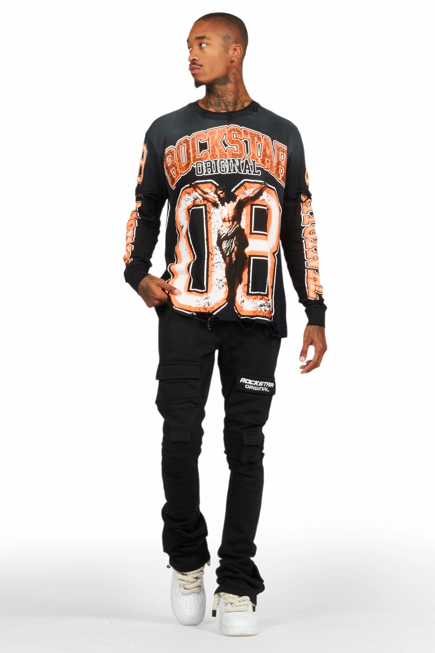 Fields Black/Orange Double Layer Long Sleeve Graphic T-Shirt