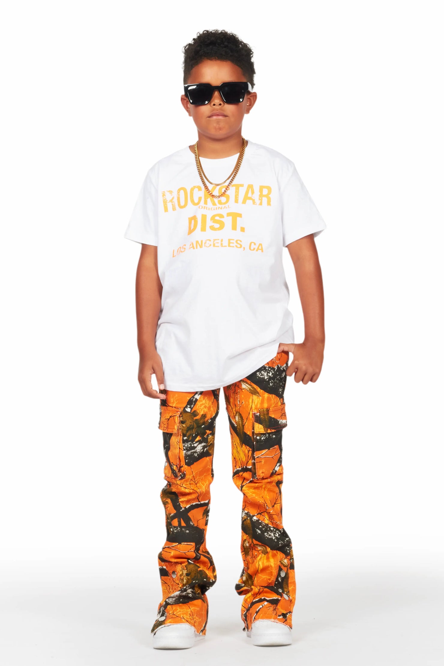 Boys Koen Orange Tree Camo T-Shirt/Stacked Flare Jean Set