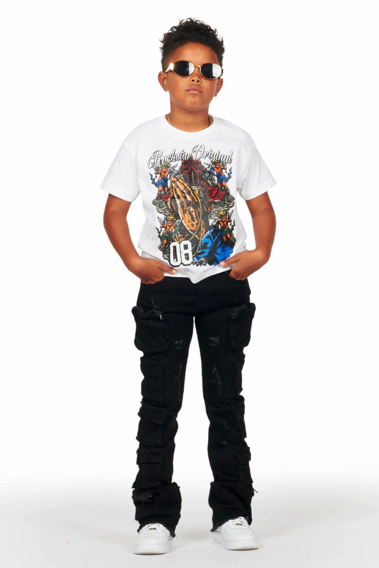 Boys Konrad Black Cargo Stacked Flare Jean