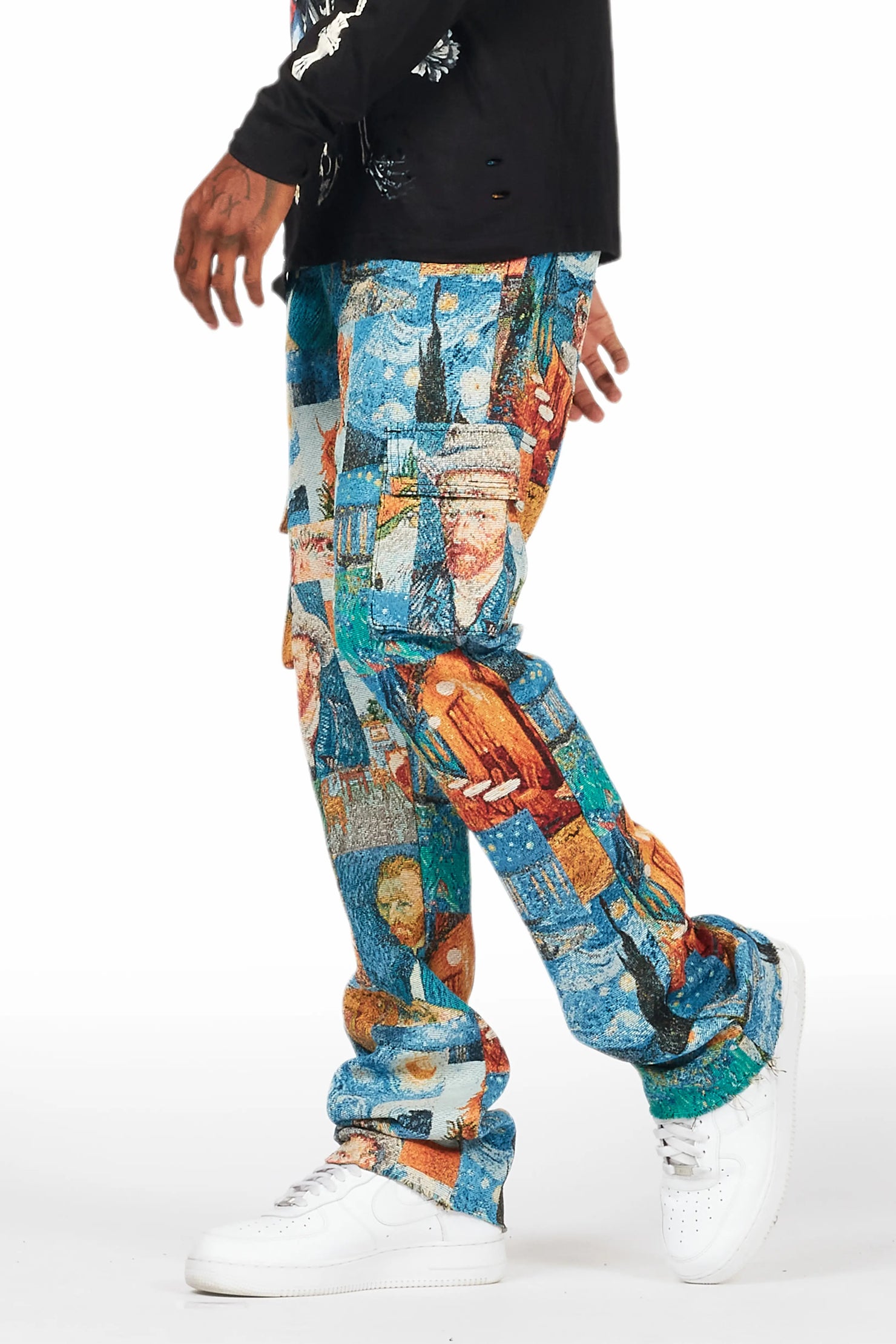 Zaire Blue Multi Tapestry Stacked Flare Jean