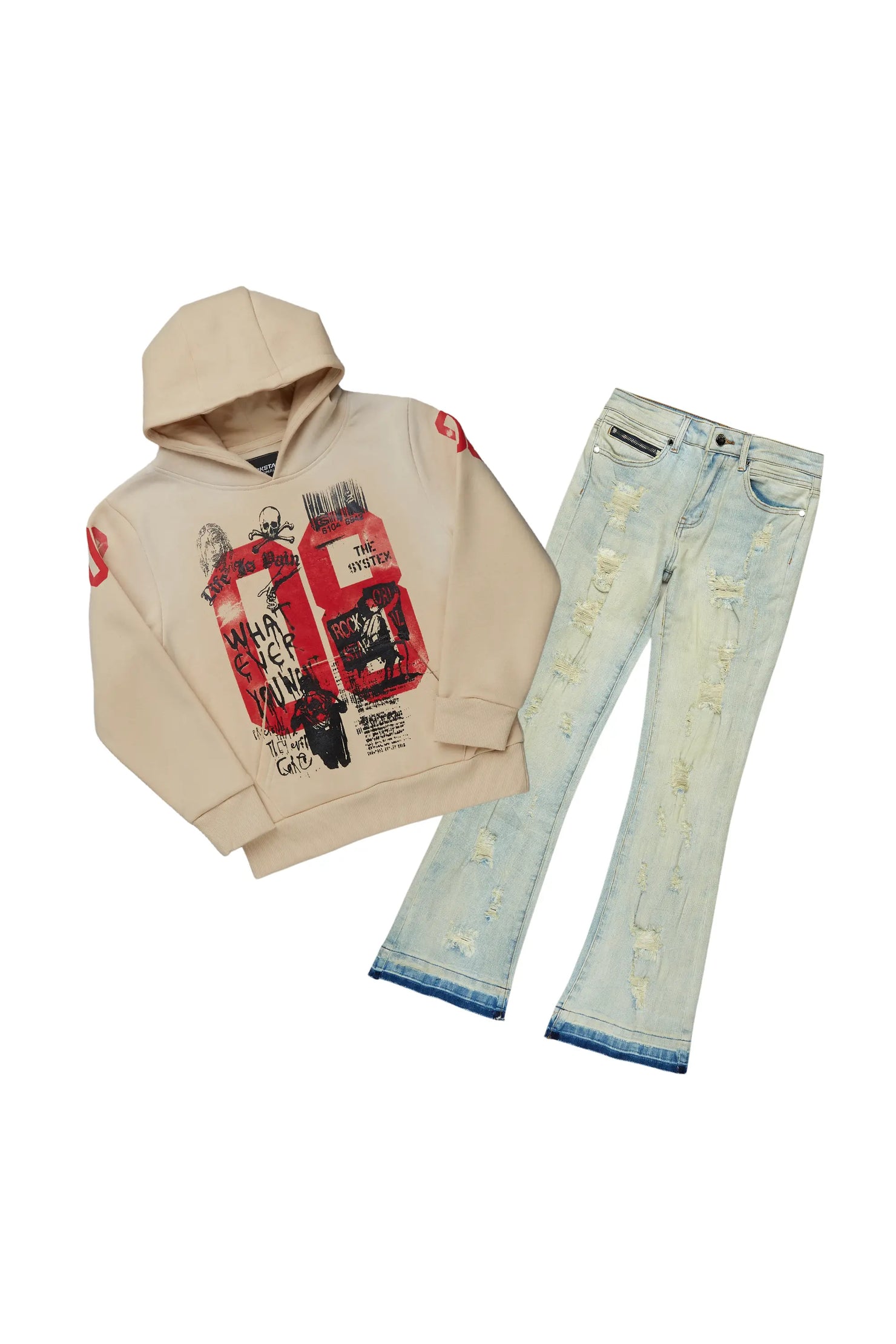 Boys Beau Beige/Blue Hoodie/Stacked Flare Jean Set