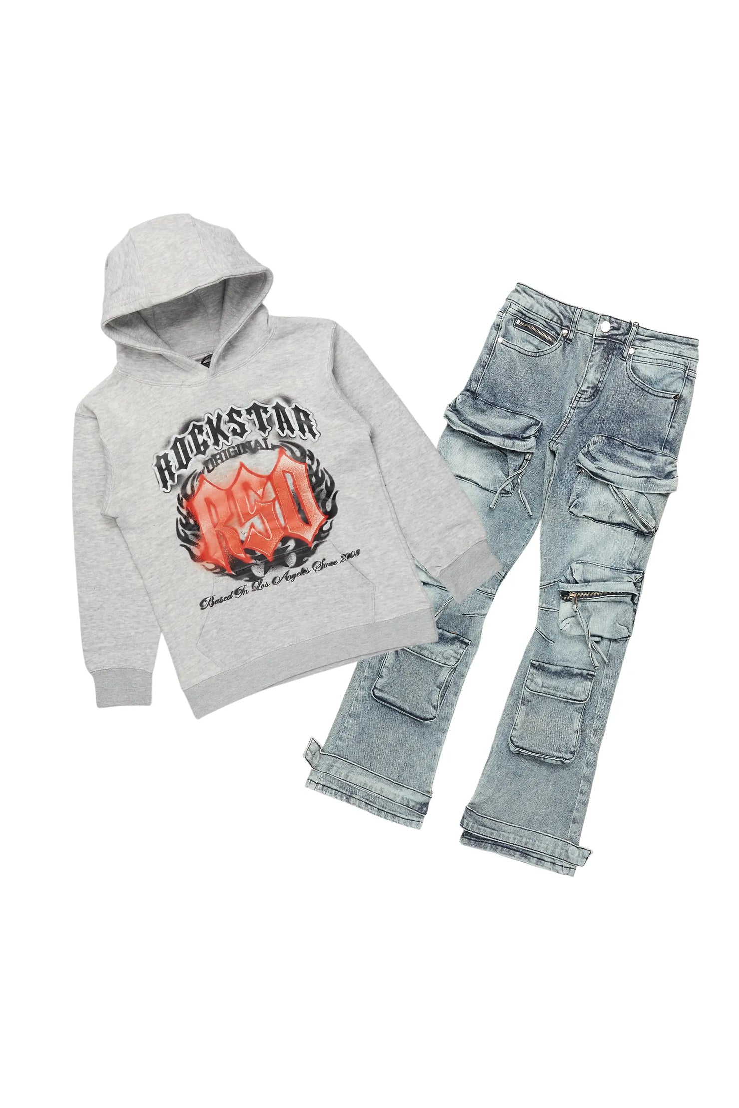 Boys Boaz Heather Grey Hoodie/Stacked Flare Jean Set