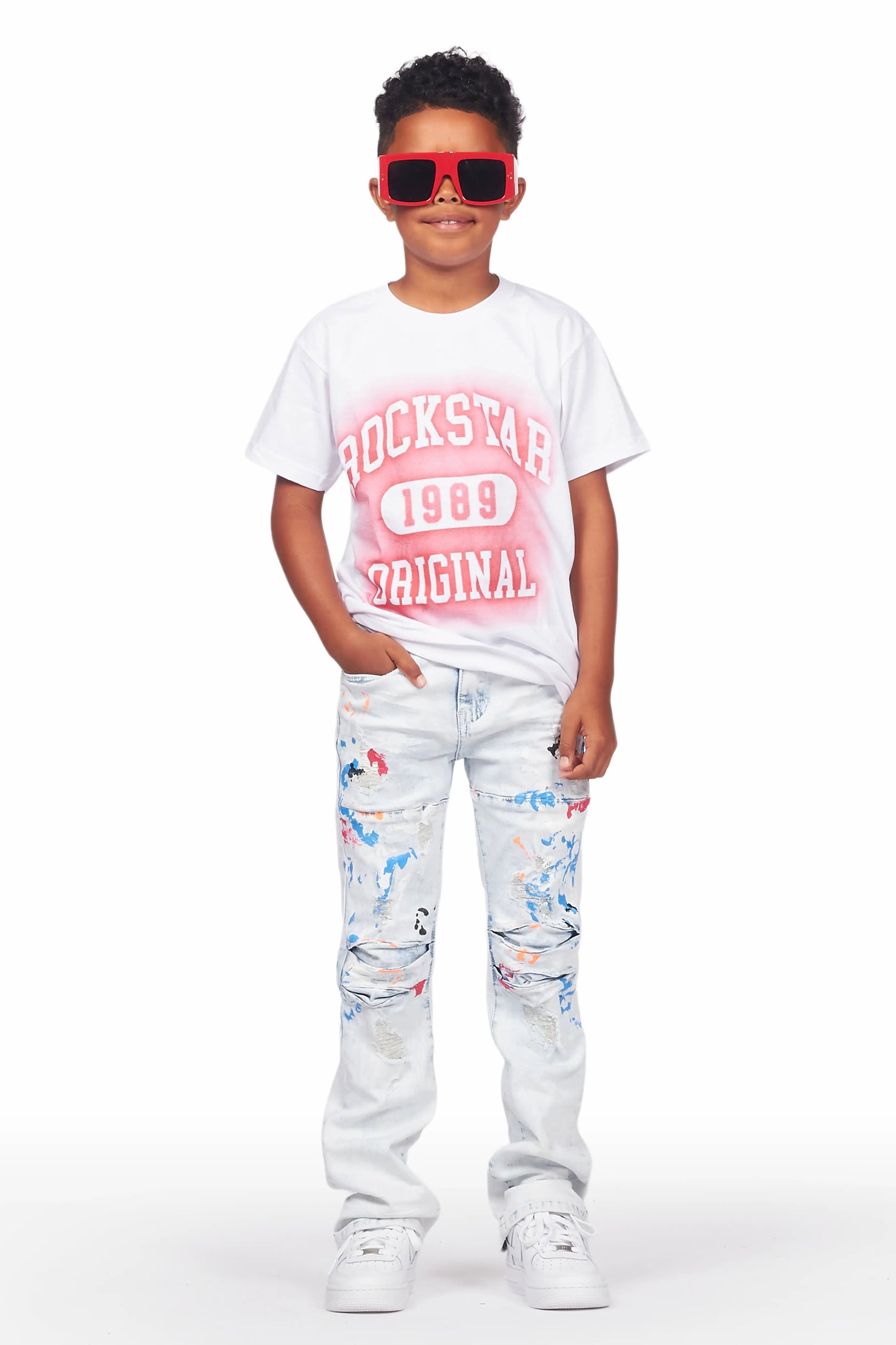 Boys Urian White/Red T-Shirt/Stacked Flare Jean Set