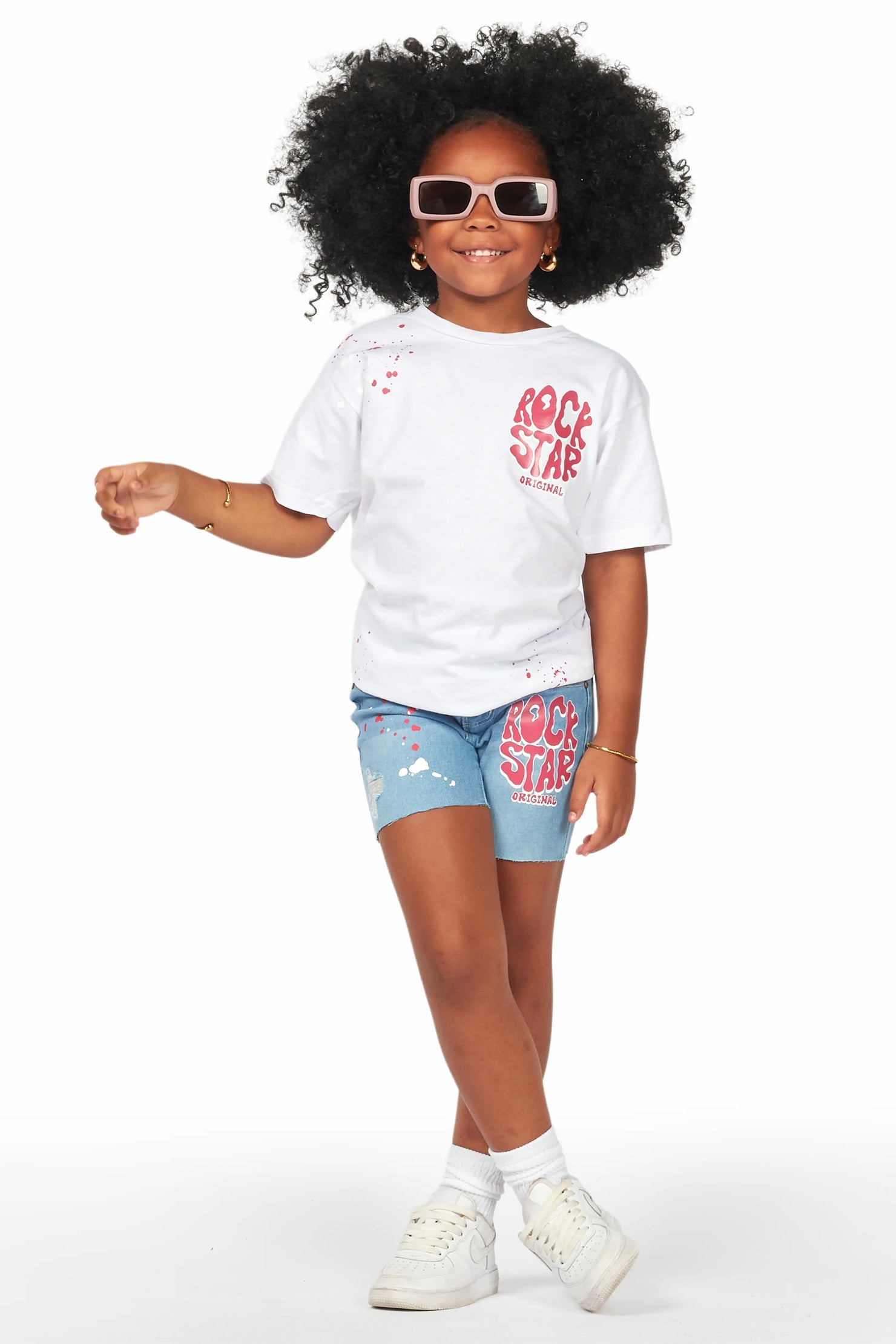 Girls Adrina White/Blue T-Shirt Denim Short Set