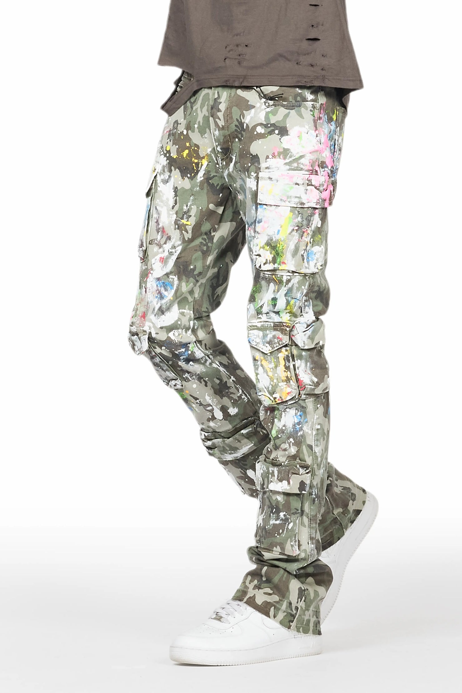 Callias Green Camo Painter Stacked Flare Jean