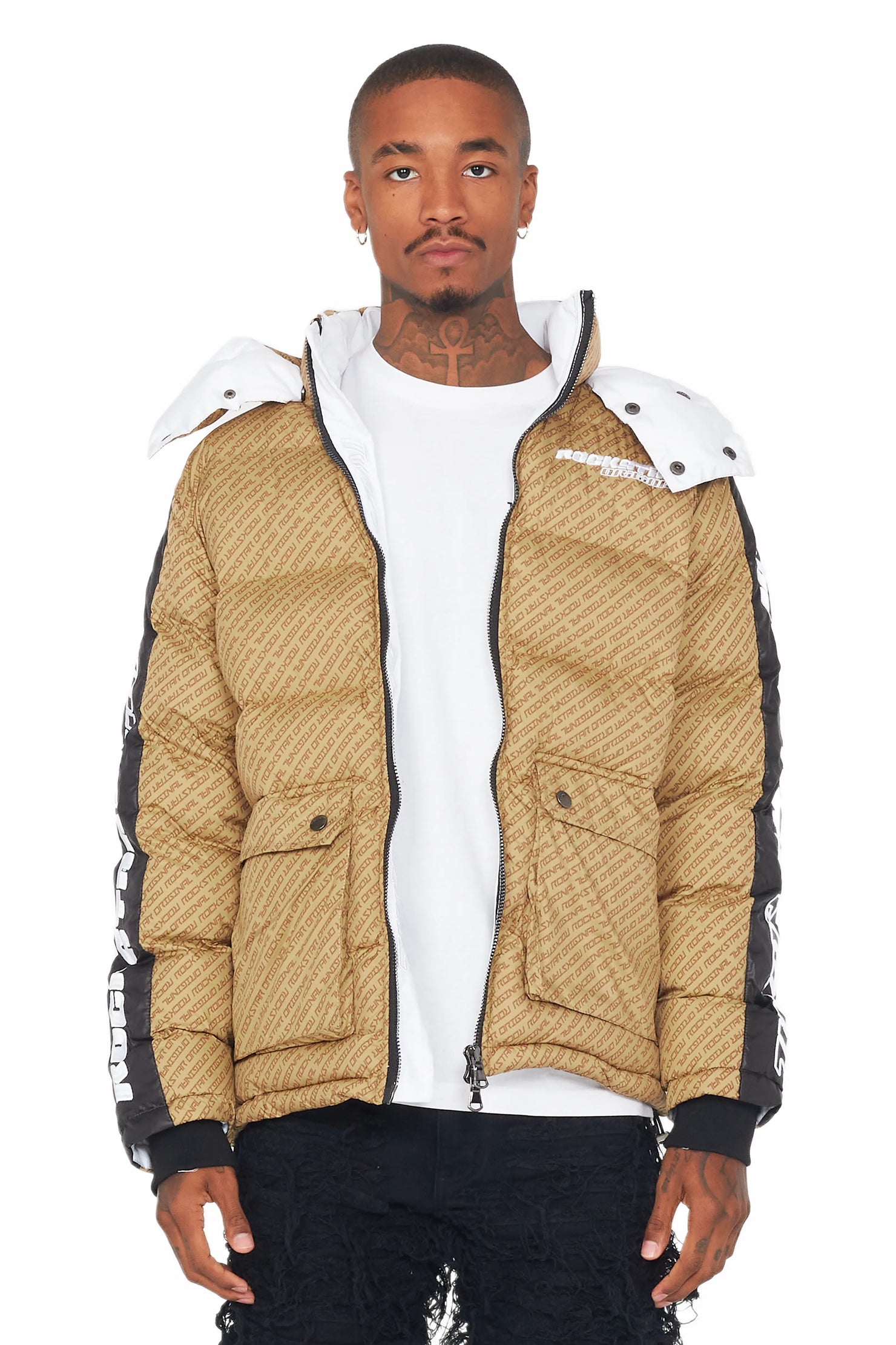 Beige hooded puffer sales jacket