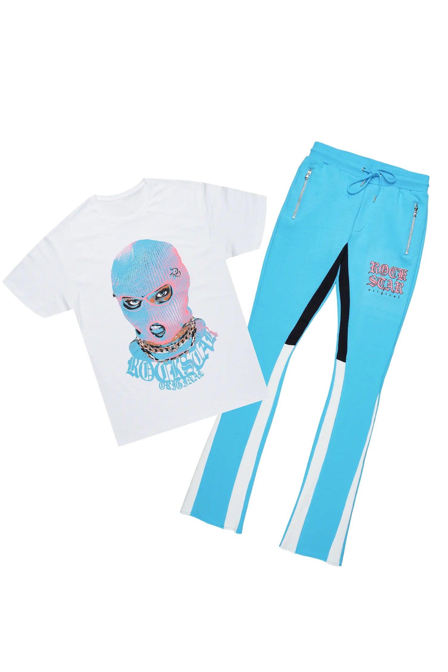 Murdra White/Blue T-Shirt/Stacked Flare Pant Set