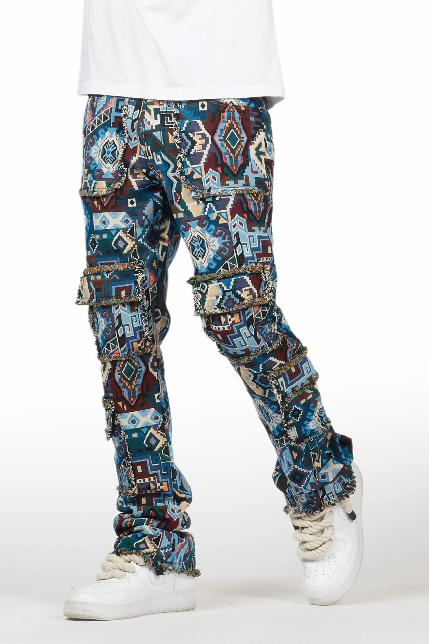 Tayami Tapestry Blue Cargo Stacked Flare Jean