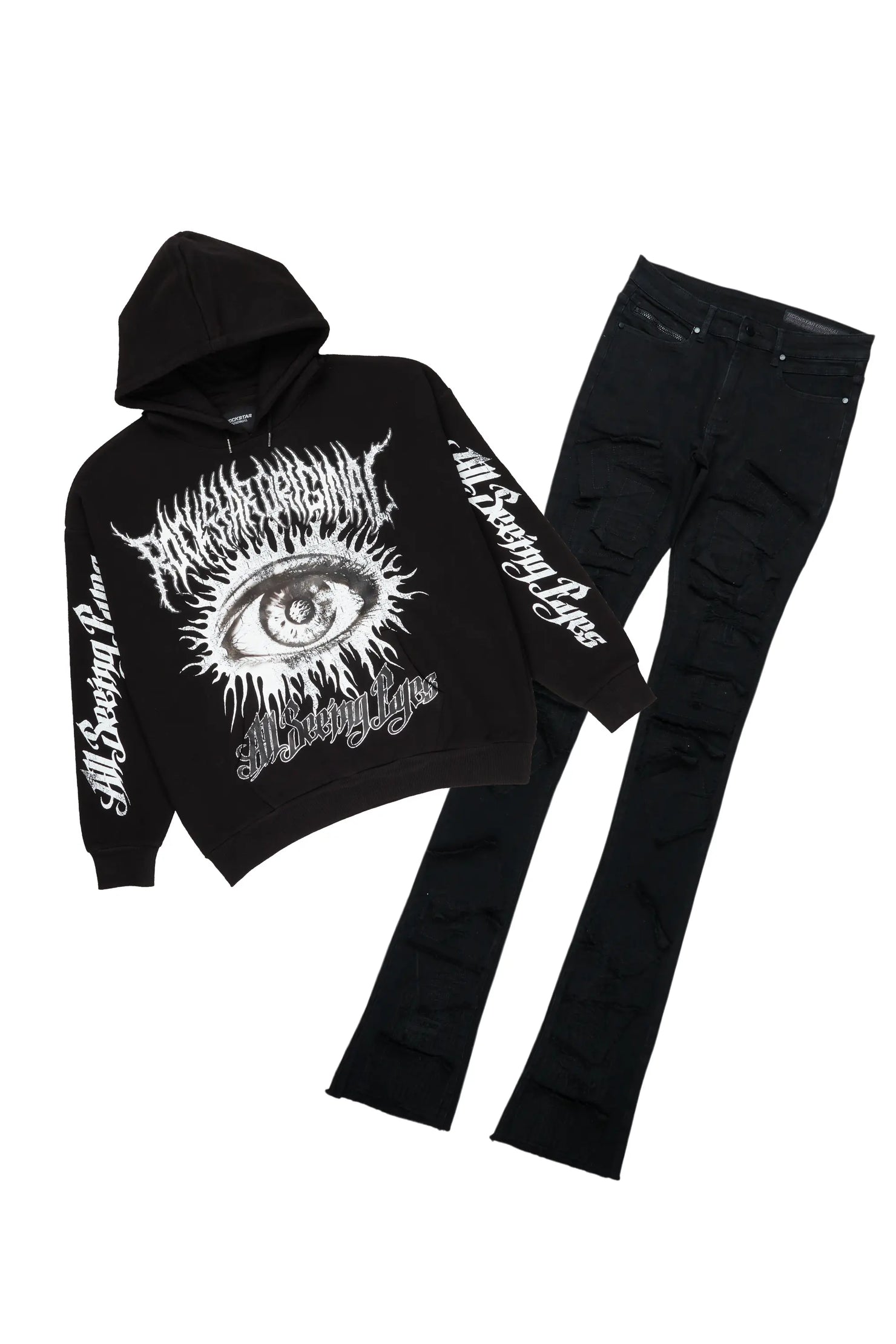 All Seeing Eyes Black Hoodie & Camden Super Stacked Flare Jean Bundle