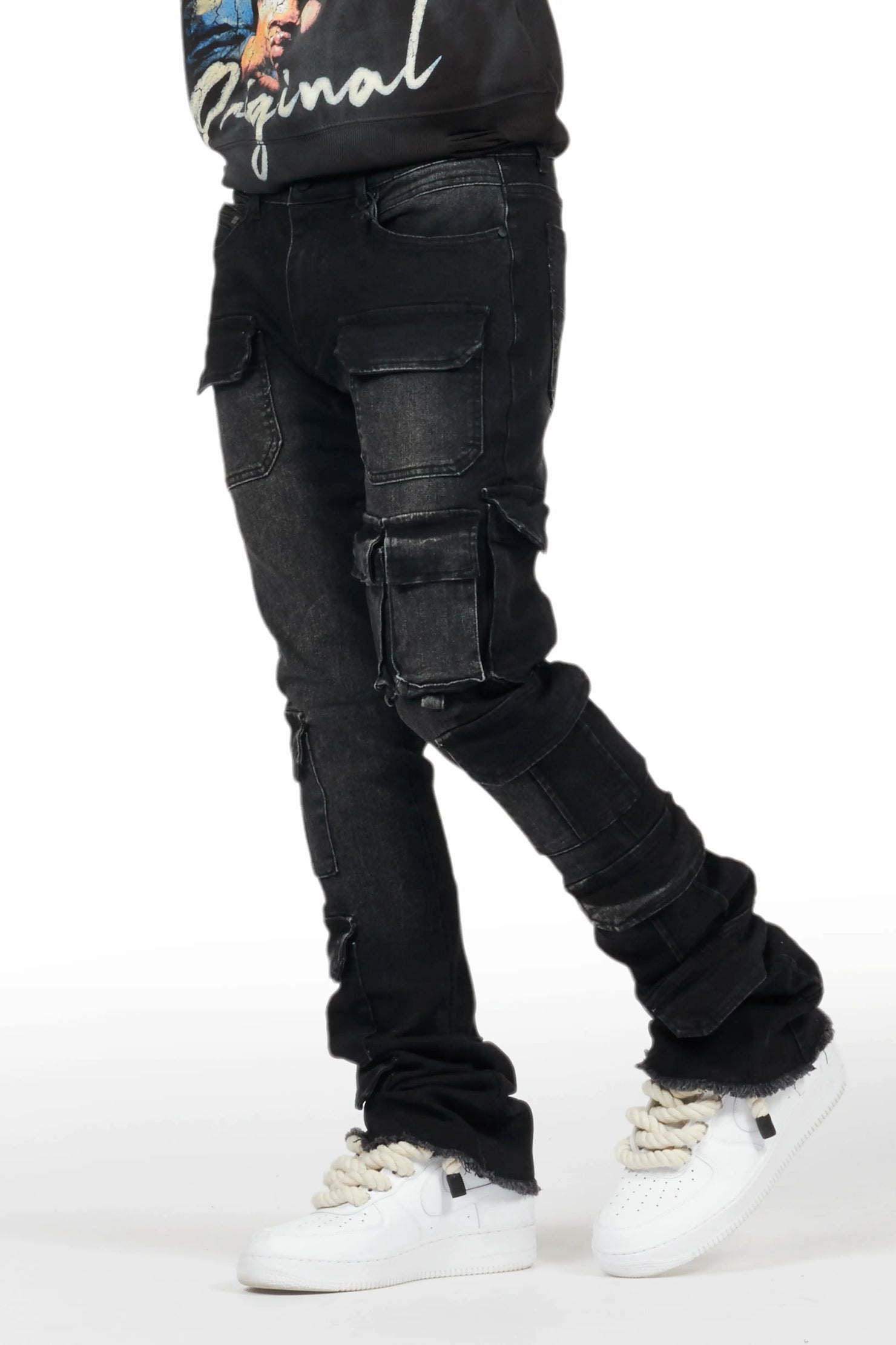 Valery Black Stacked Flared Cargo Jean