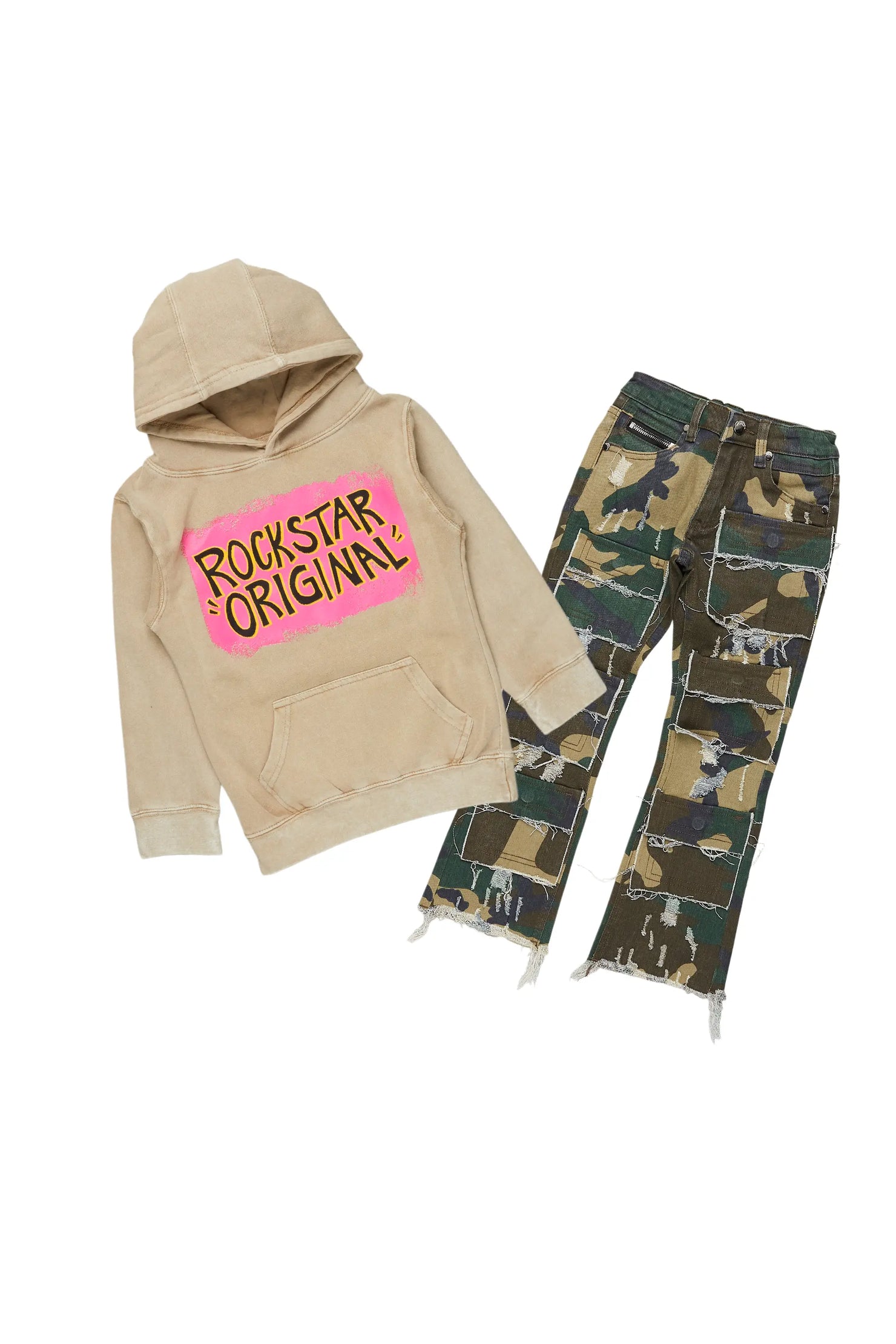 Girls Brielle Camo/Vintage Beige Hoodie/Stacked Flare Jean Set