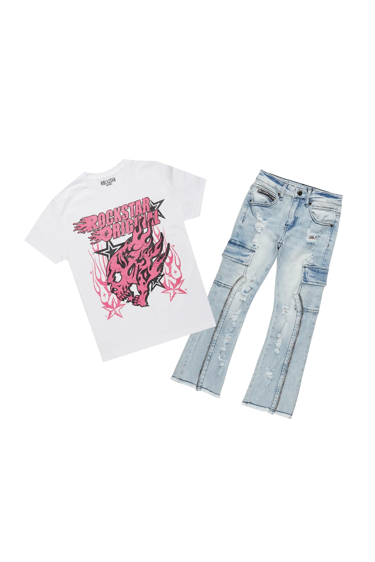 Girls Smitty White/Pink T-Shirt/Stacked Flare Jean Set