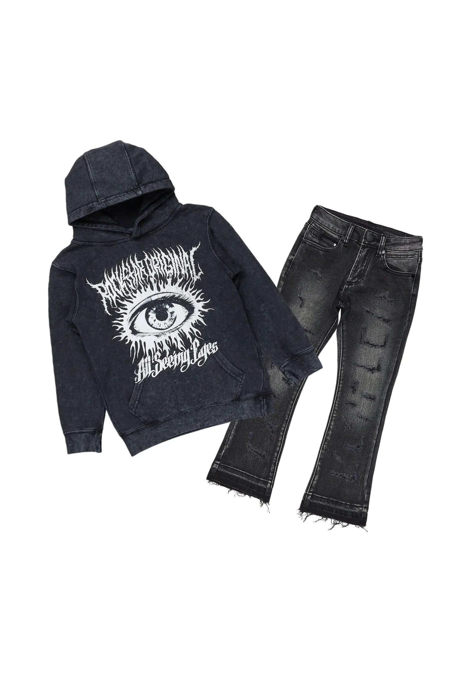 Boys All Eyes Vintage Black Hoodie/Stacked Flare Jean Set