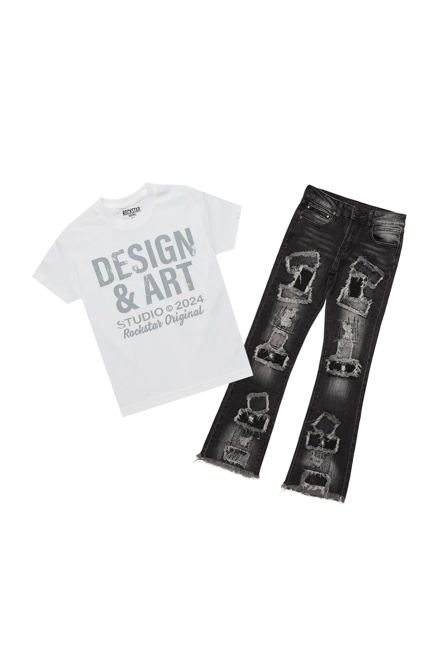 Boys Dereck Grey/White T-Shirt/Stacked Flare Jean Set