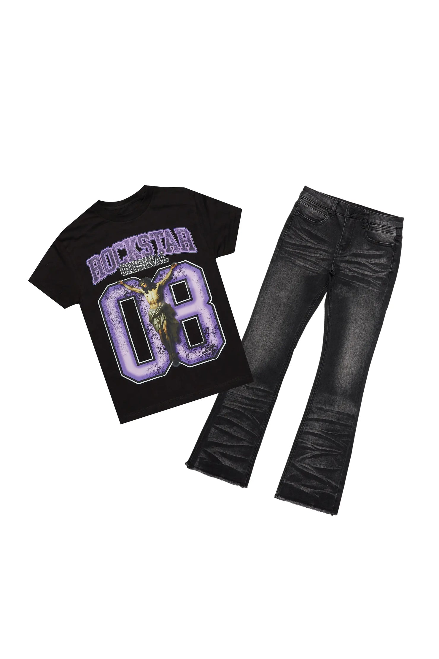 Boys Fields Black/Purple T-Shirt/Stacked Flare Jean Set