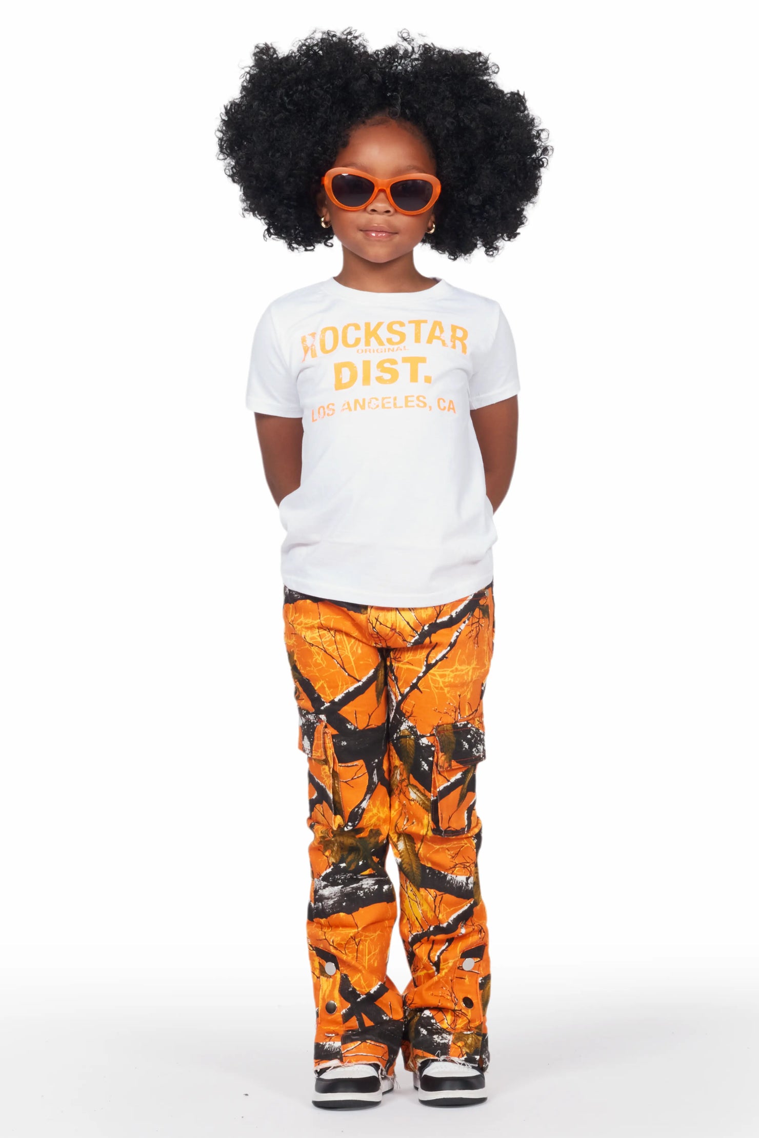 Girls Kona White/Orange T-Shirt/Stacked Flare Jean Set