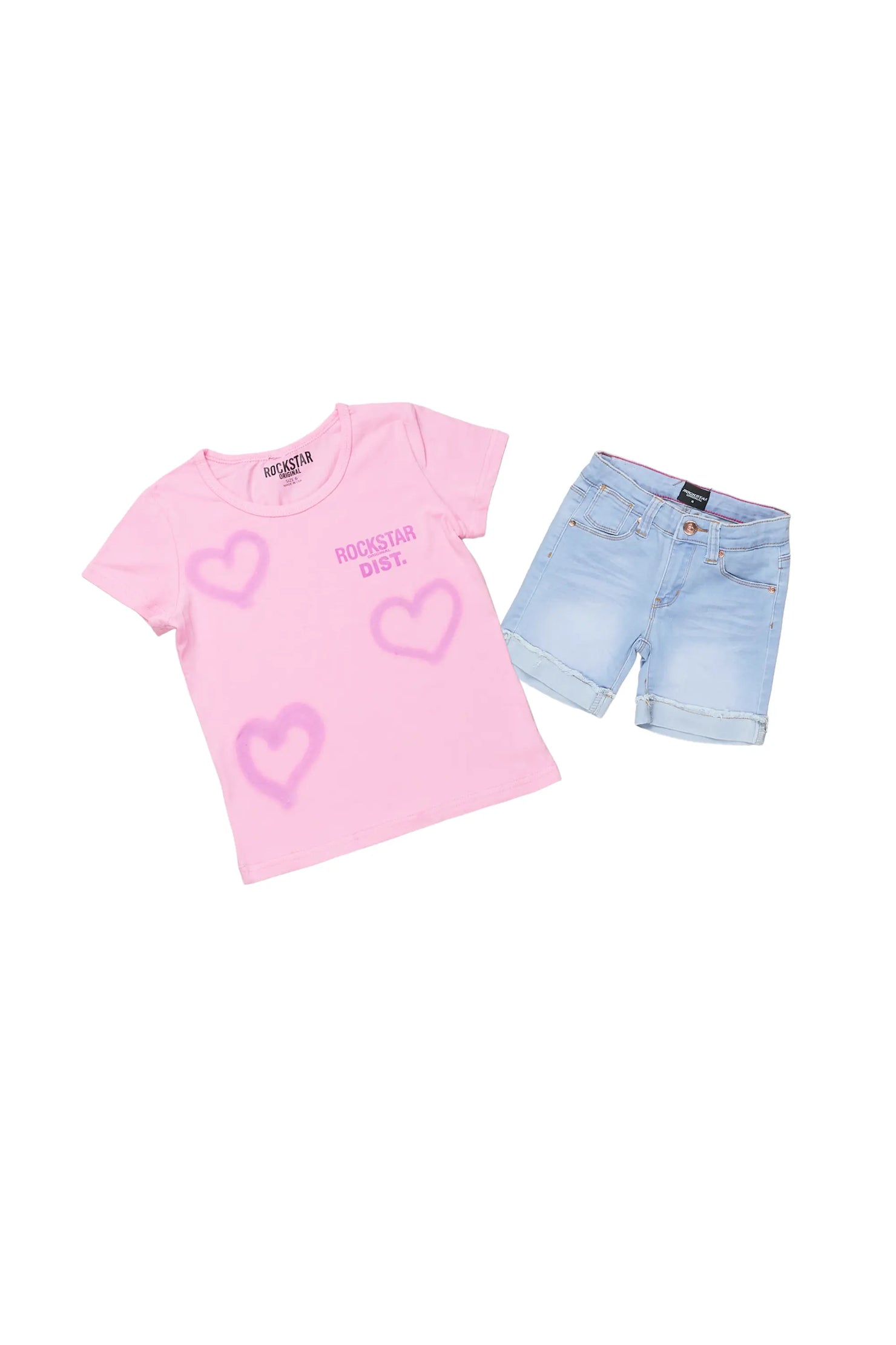 Girls Alaiya Pink T-Shirt Denim Short Set