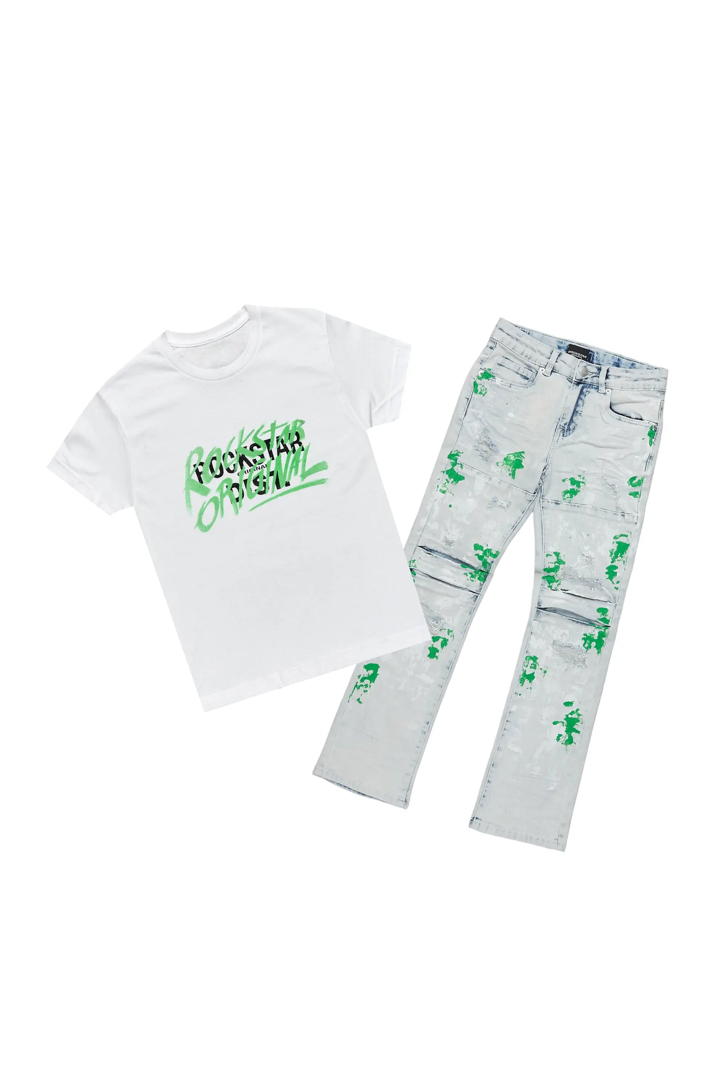 Boys Khalil White T-Shirt/Stacked Flare Jean Set