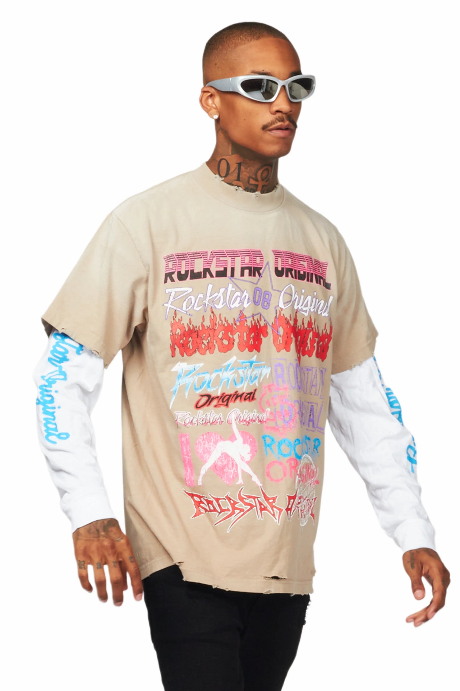 Floridabolous Beige/White Double Layer Long Sleeve Graphic T-Shirt