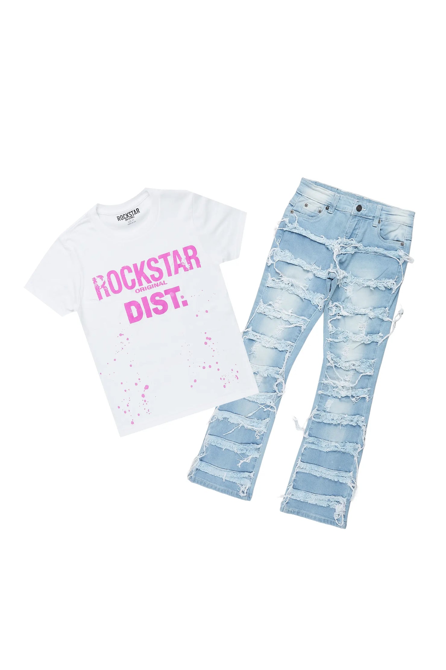 Girls Helia White/Blue T-Shirt/Stacked Flare Jean Set