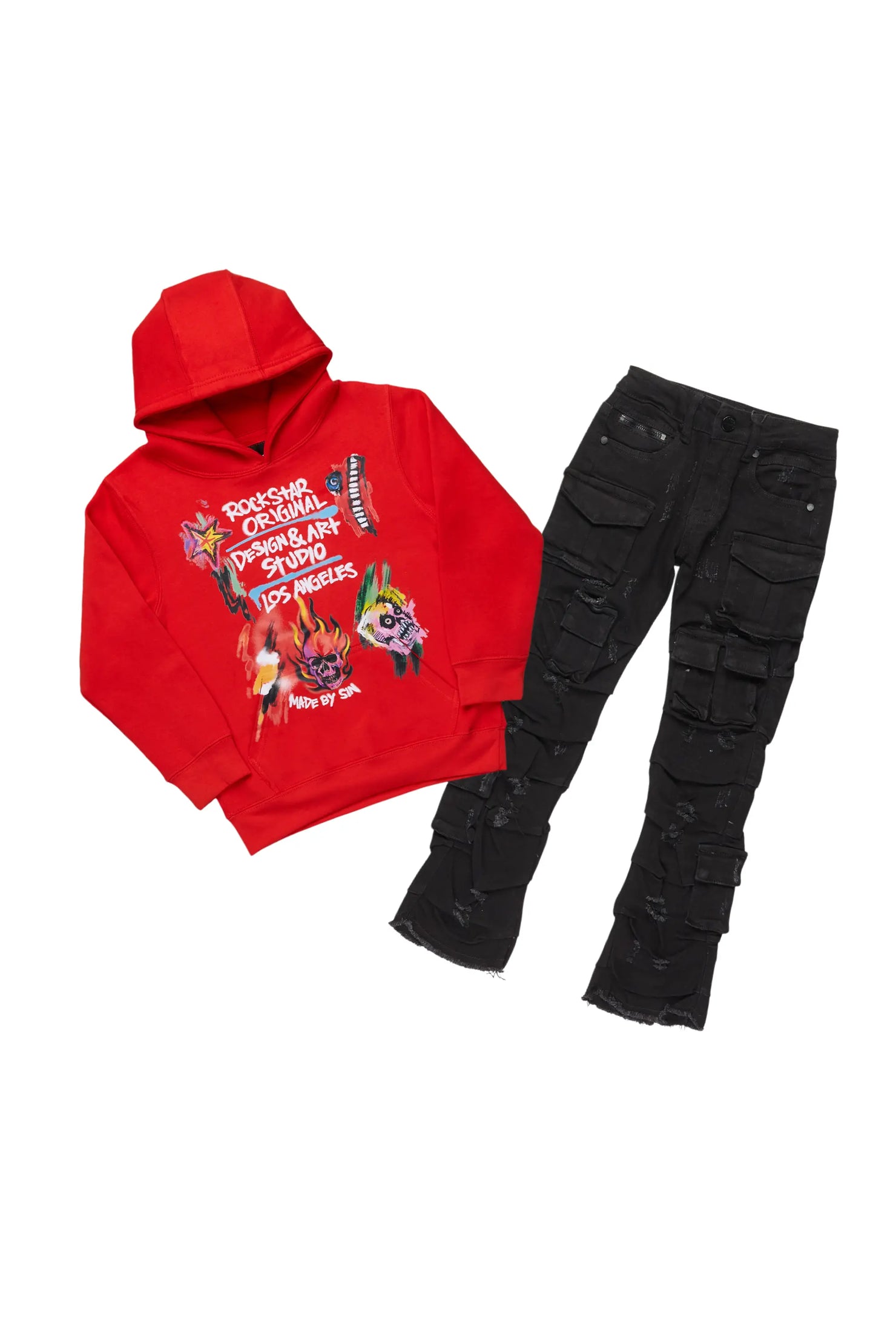 Boys Soweto Red/Black Hoodie/Stacked Flare Jean Set