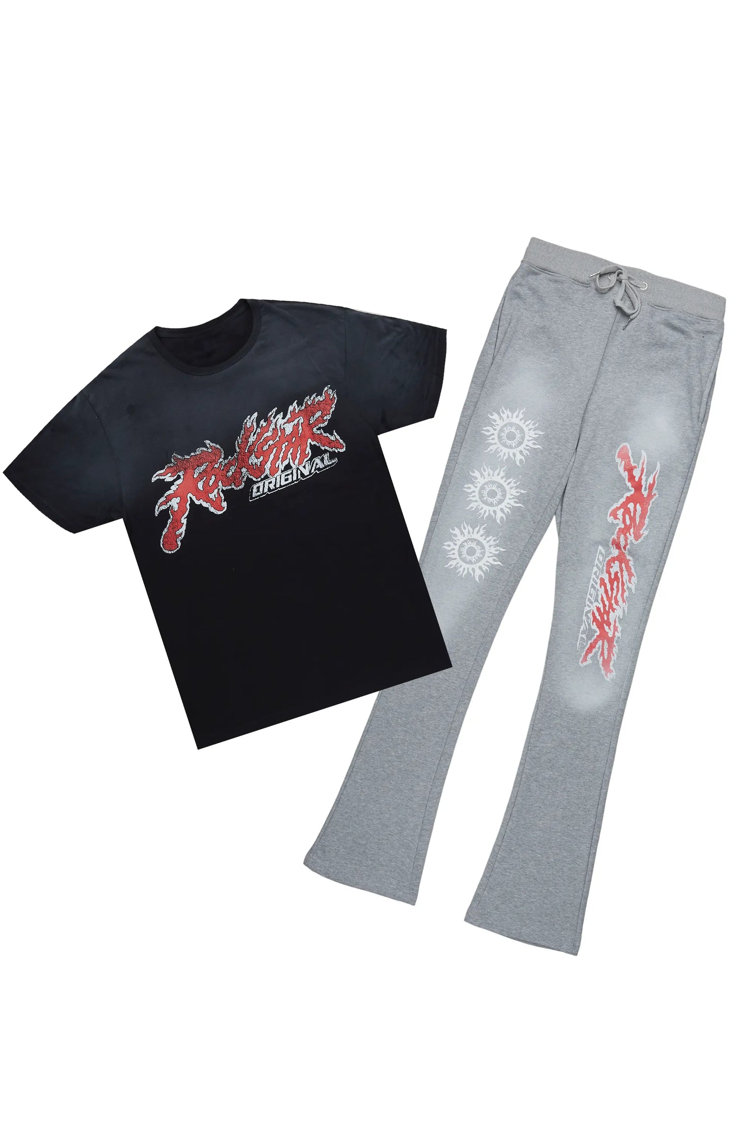 Yash Black/Grey T-Shirt/Stacked Flare Track Pant Set