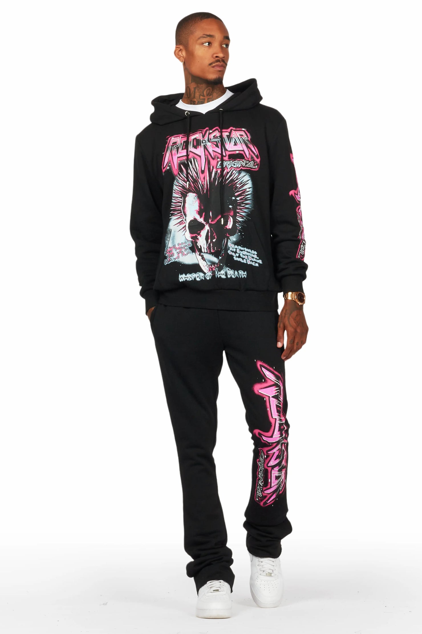 Obern Black/Black Graphic Hoodie/Stacked Flare Pant Track Set