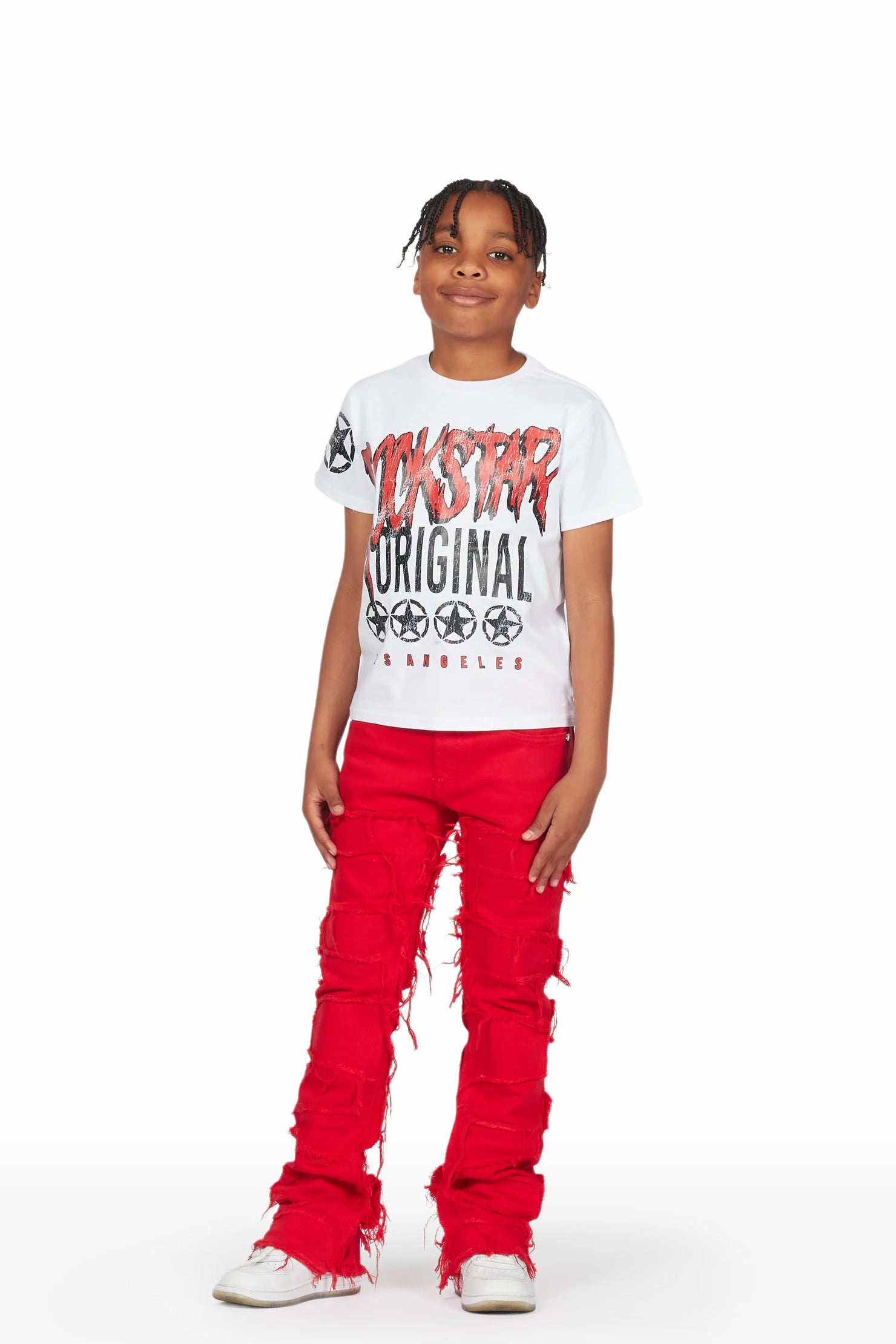 Boys Wizzurd White/Red T-Shirt/Stacked Flare Jean Set