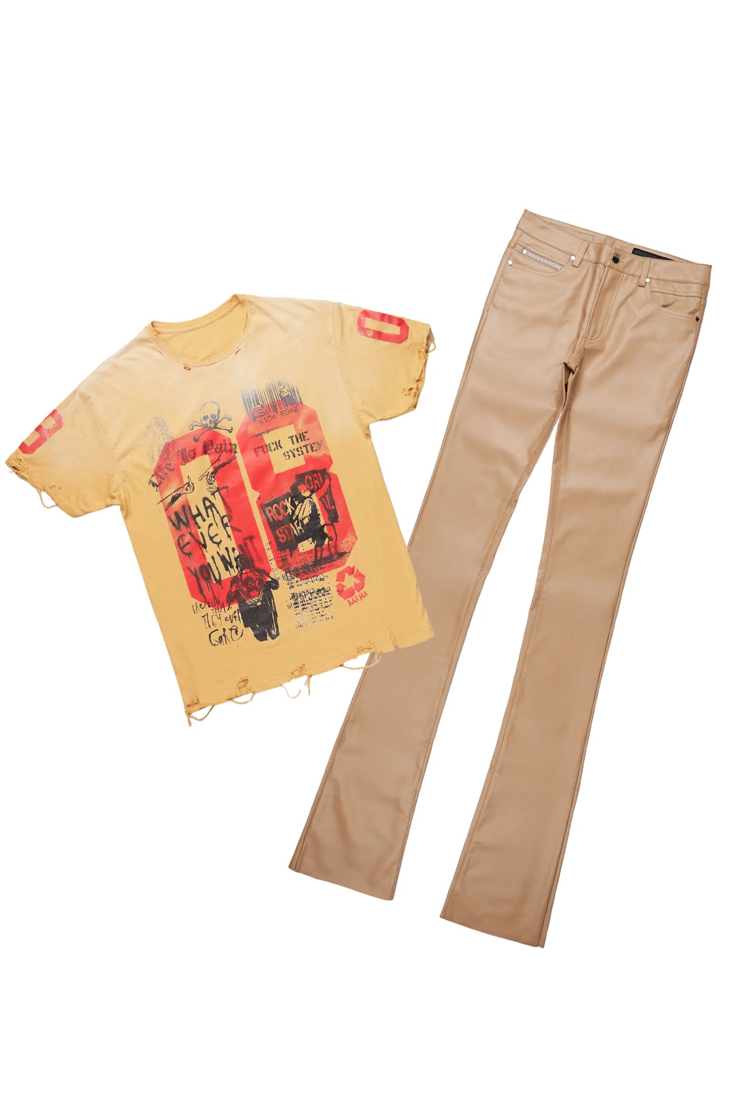 Grill Beige Oversized T-Shirt & Ricky Super Stacked Flare Jean Bundle