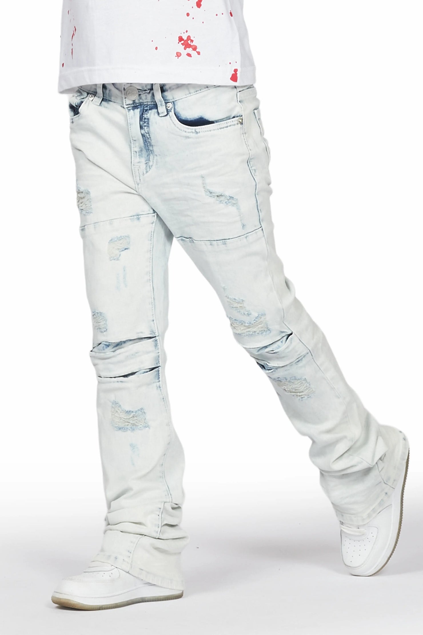 Boys Yasir White/Light Blue T-Shirt/Stacked Flare Jean Set