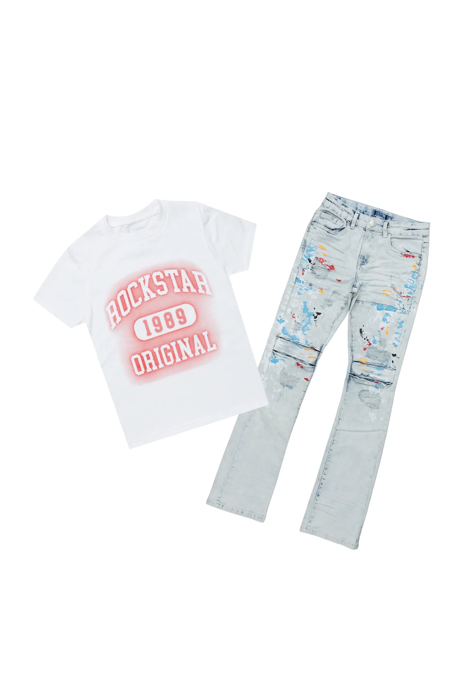 Boys Urian White/Red T-Shirt/Stacked Flare Jean Set